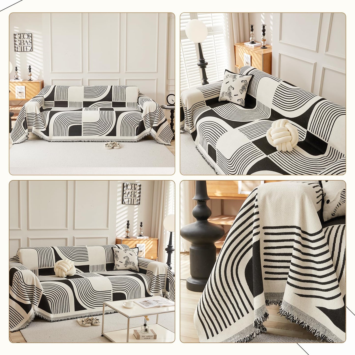 WEYOND Boho Couch Cover Sofa Covers Washable, Chenille Couch Covers for 3 Cushion Couch Sofa Pet Friendly, Bohemian Sofa Slipcovers for Sectional Sofa, Loveseat, 2 3 4 Seater (71" x 150", Black)