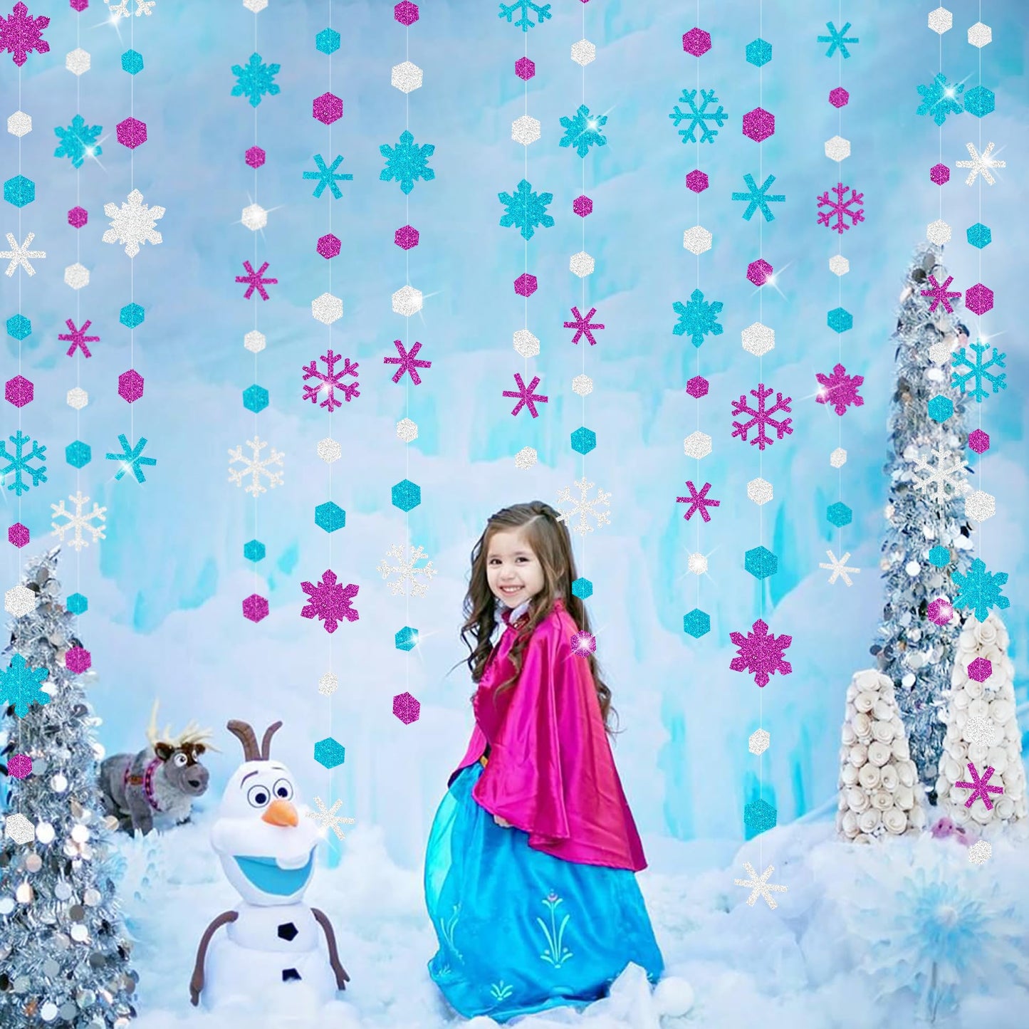 52 Ft Snowflakes Party Decorations Silver Purple Blue Glitter Paper Snowflakes Garland Streamer for Winter Wonderland Christmas Holiday Frozen Birthday Wedding Baby Shower Bridal Shower Party Supplies