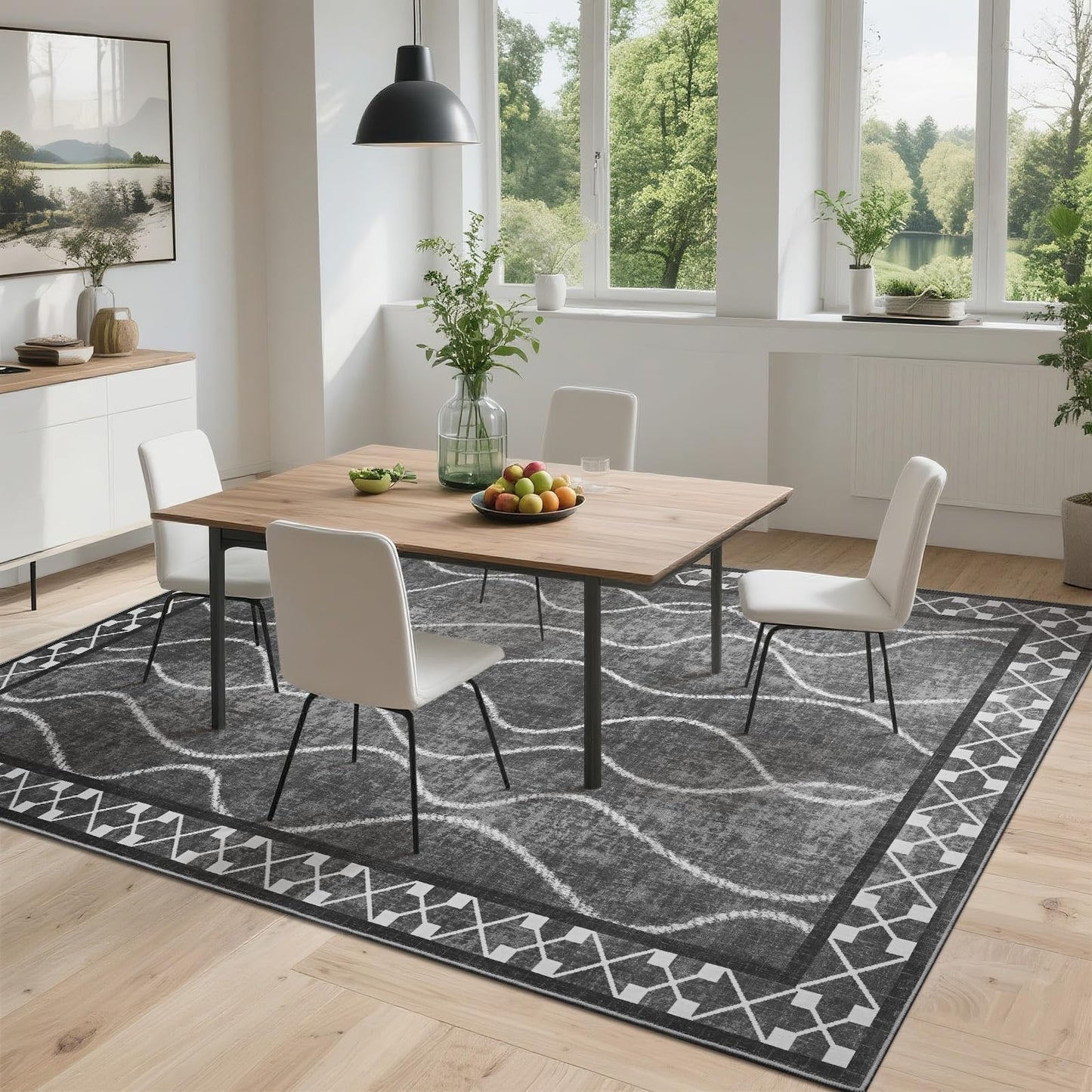 DweIke 4x6 Area Rugs for Living Room, Machine Washable Bordered Rug for Bedroom, Luxury Rubber Backing (Non-Slip) Low Pile Throw Carpet for Dining Room Kitchen Home Decor, Black Grey