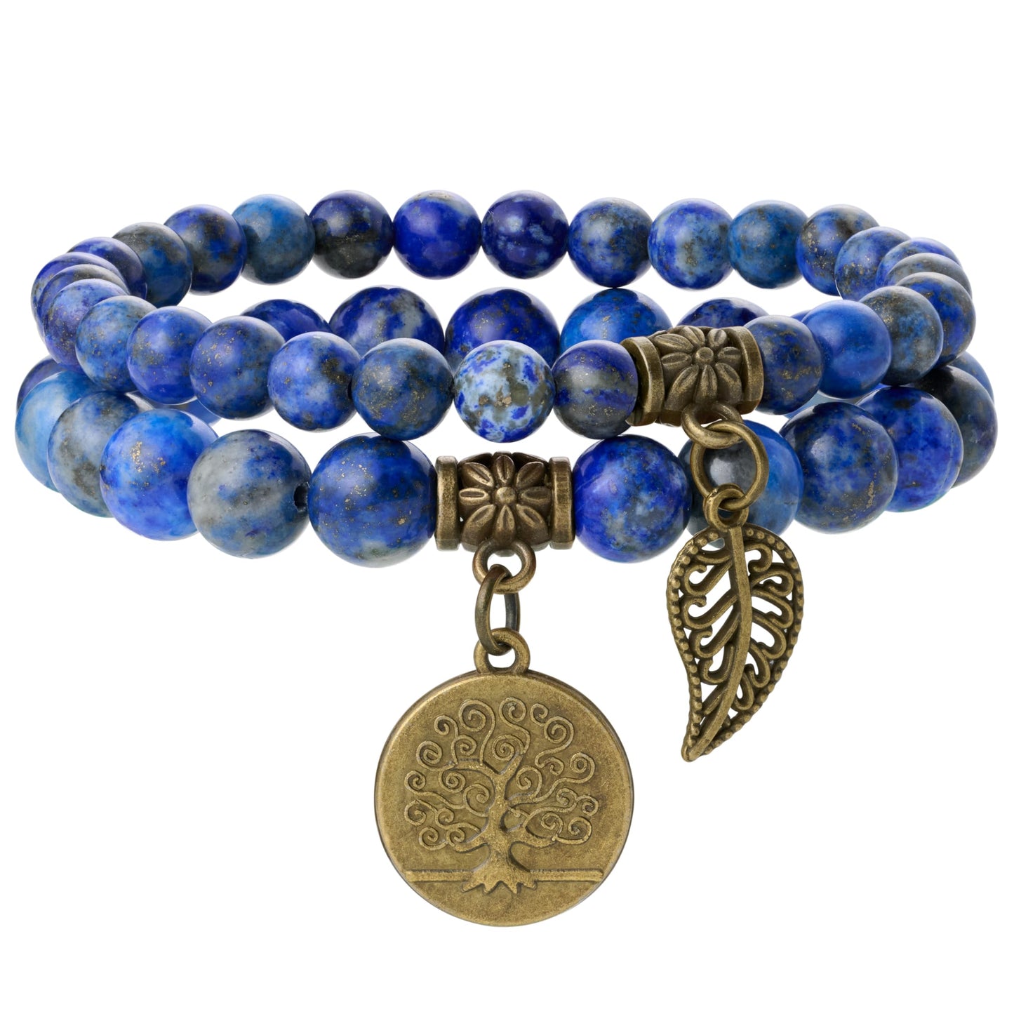 Bivei Natural Semi Precious Gemstone Beads Bracelet for Women - Life Tree and Leaf Charm Chakra Energy Anxiety Stretch Bracelets(Lapis Lazuli Bracelet Set)