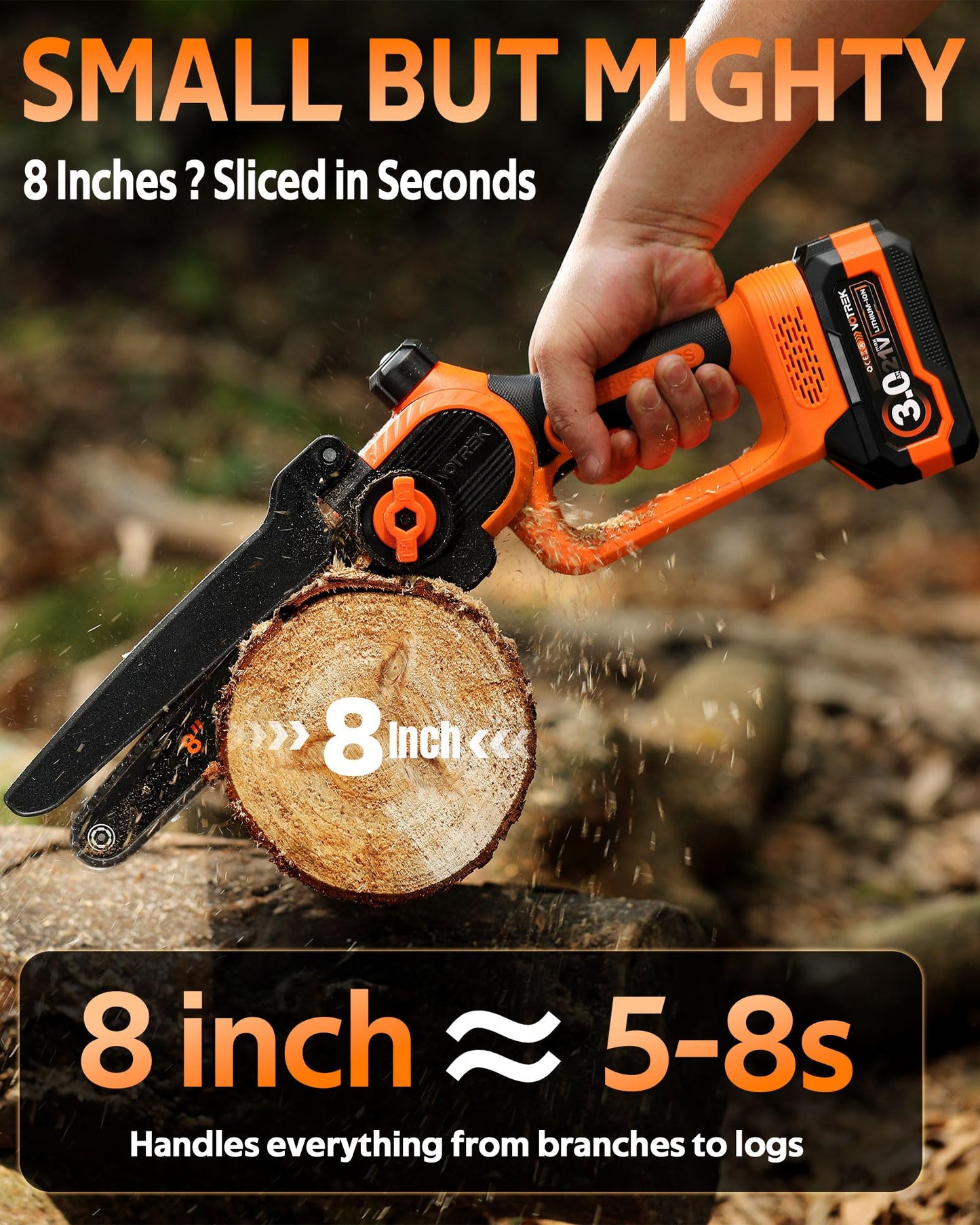 VOTREK® 8-Inch Mini Chainsaw Cordless, 2 x 3.0Ah Batteries, Electric Chain Saw with 2 Chains, Brushless Motor, Auto Oiler, Tool-Free Tensioner for Tree Trimming and Yard Cleanup