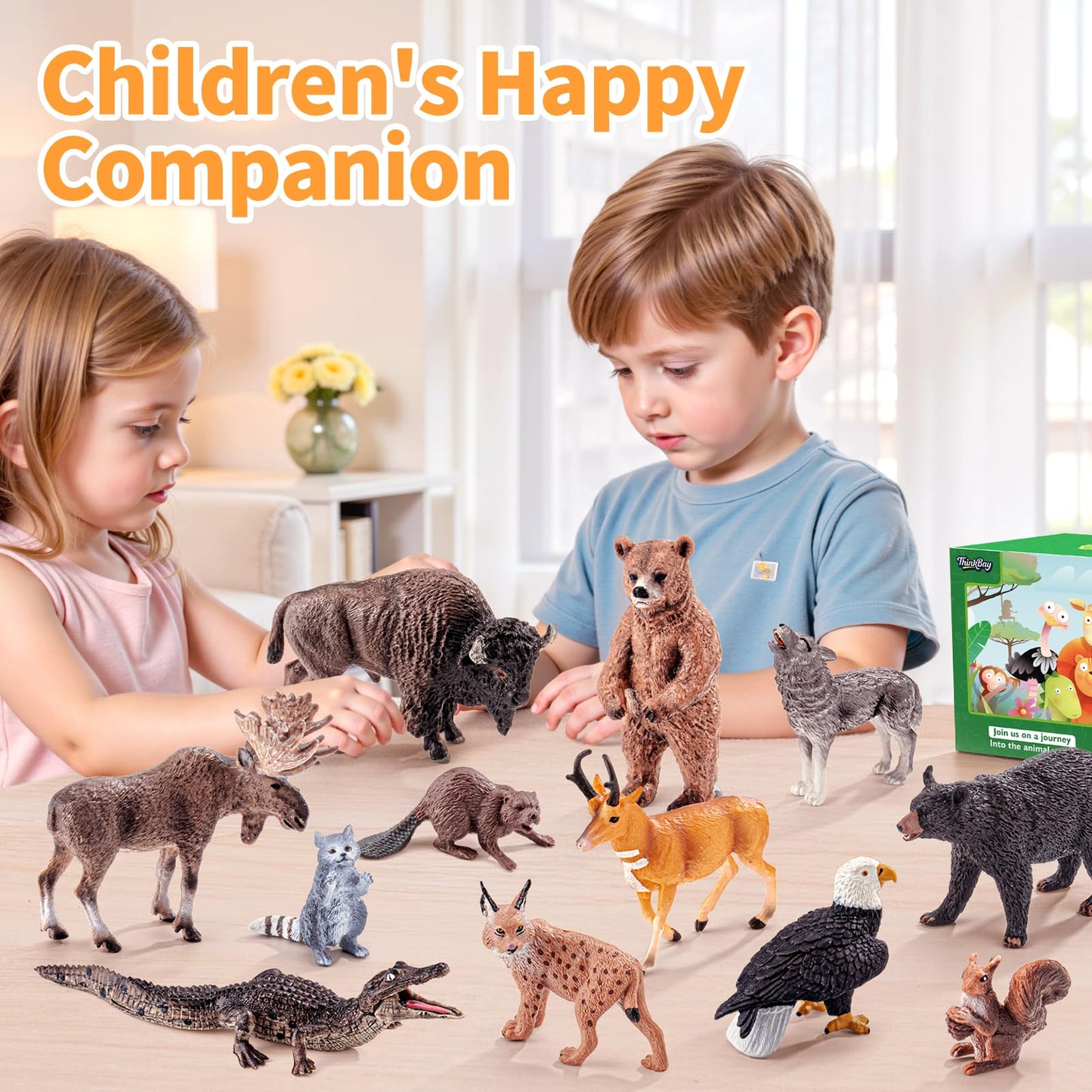 THINKBAY 12PCS Large North American Animal Figurines, Realistic Safari Woodland Jungle Animals Figures Toys Includes Crocodile,Wolf,Bear,Deer, Birthday Gift Party Favors Valentine's Day Gifts for Kids