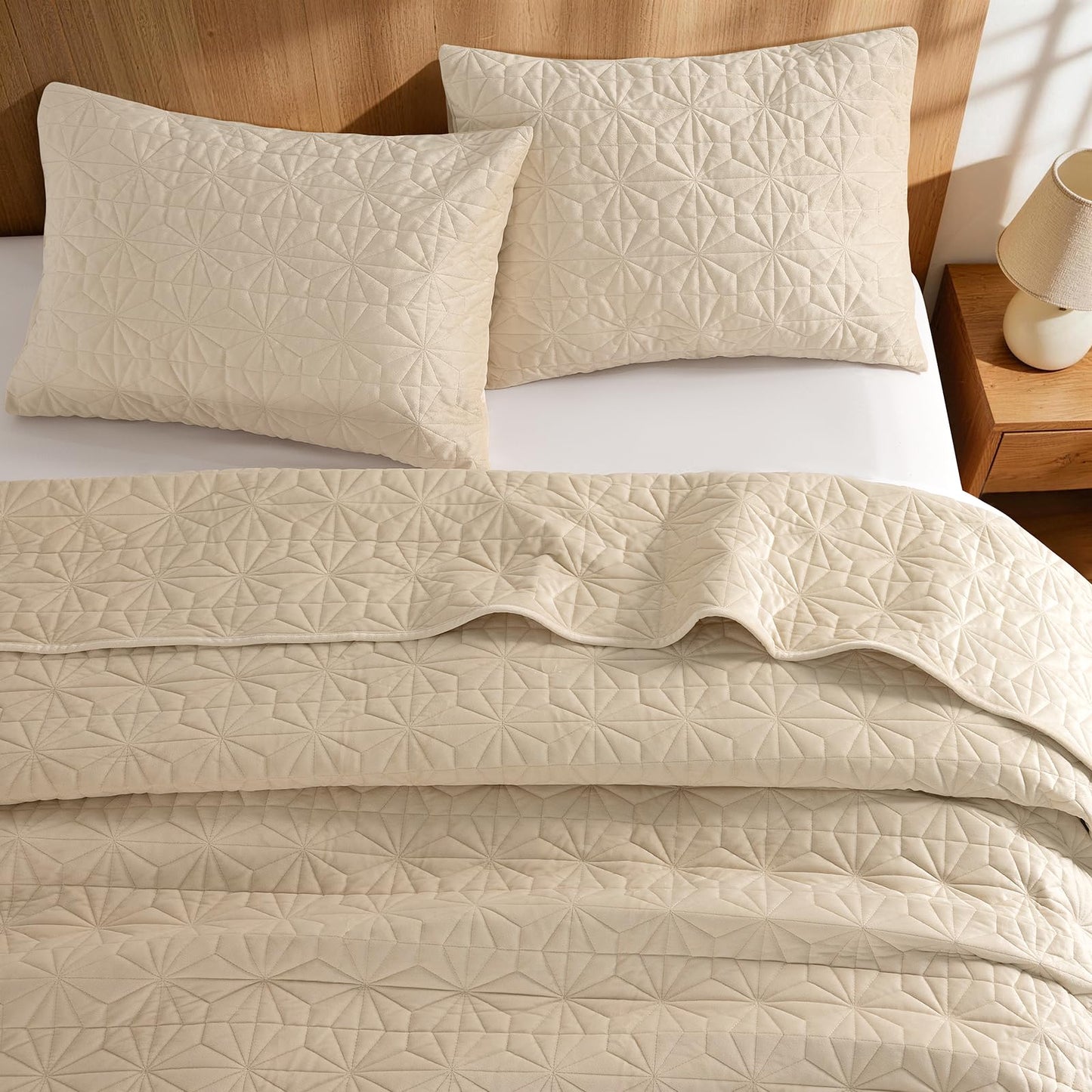 Uqocnh Luxury Velvet Quilt Set Queen Size 3 Piece, Soft Channel Stitch Velvet Comforter Set with 2 Pillow Shams, Lightweight Coverlet Bedspread Bedding Set for All Seasons, Beige