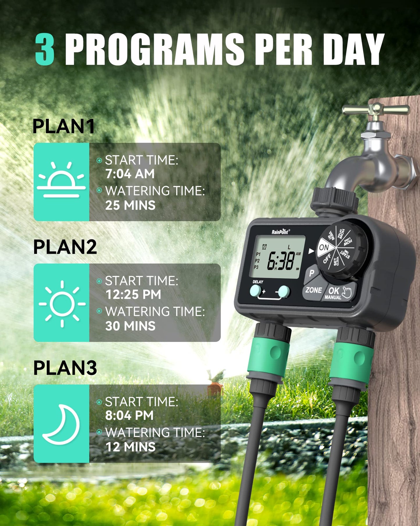 RAINPOINT Sprinkler Timer with 3 Different Programs, Hose Timer for Garden Hose with Rain Delay/Manual Watering/Automatic Irrigation System for Garden, 2 Outlet