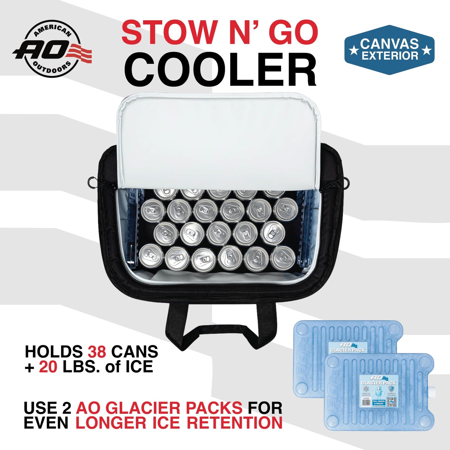 AO Coolers Stow-N-Go Canvas Soft-Sided Cooler, Low Profile and Leak Proof, Insulated for 24-Hour Cold, Black, 38-Can