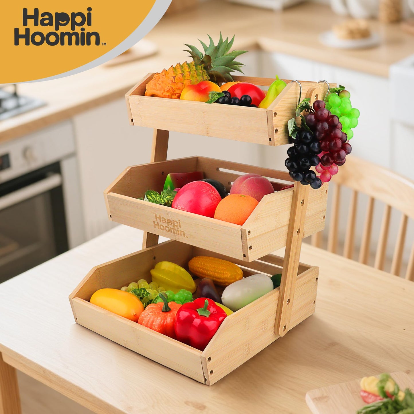 Happi Hoomin 3 Tier Fruit Basket for Kitchen Counter, Bamboo Fruit and Vegetable Storage Rack, Kitchen Organizer and Storage, Vegetable Baskets for Kitchen, Fruit Organizer, Frutero para Cocina