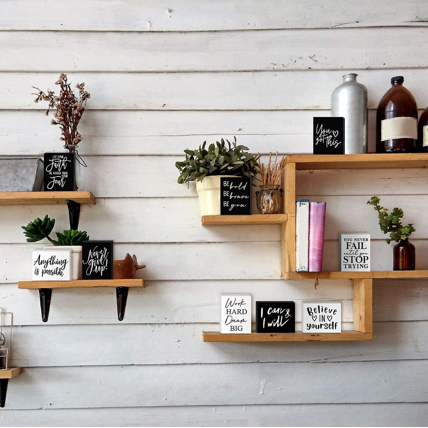 Yulejo 9 Pcs Mini Inspirational Wooden Signs Office Desk Decor Positive Motivational Quotes Table Sign Employee Appreciation Gift Bathroom Home Decors Cheer Up(black, White, 3.5 x 2.5 x 0.47 Inch)