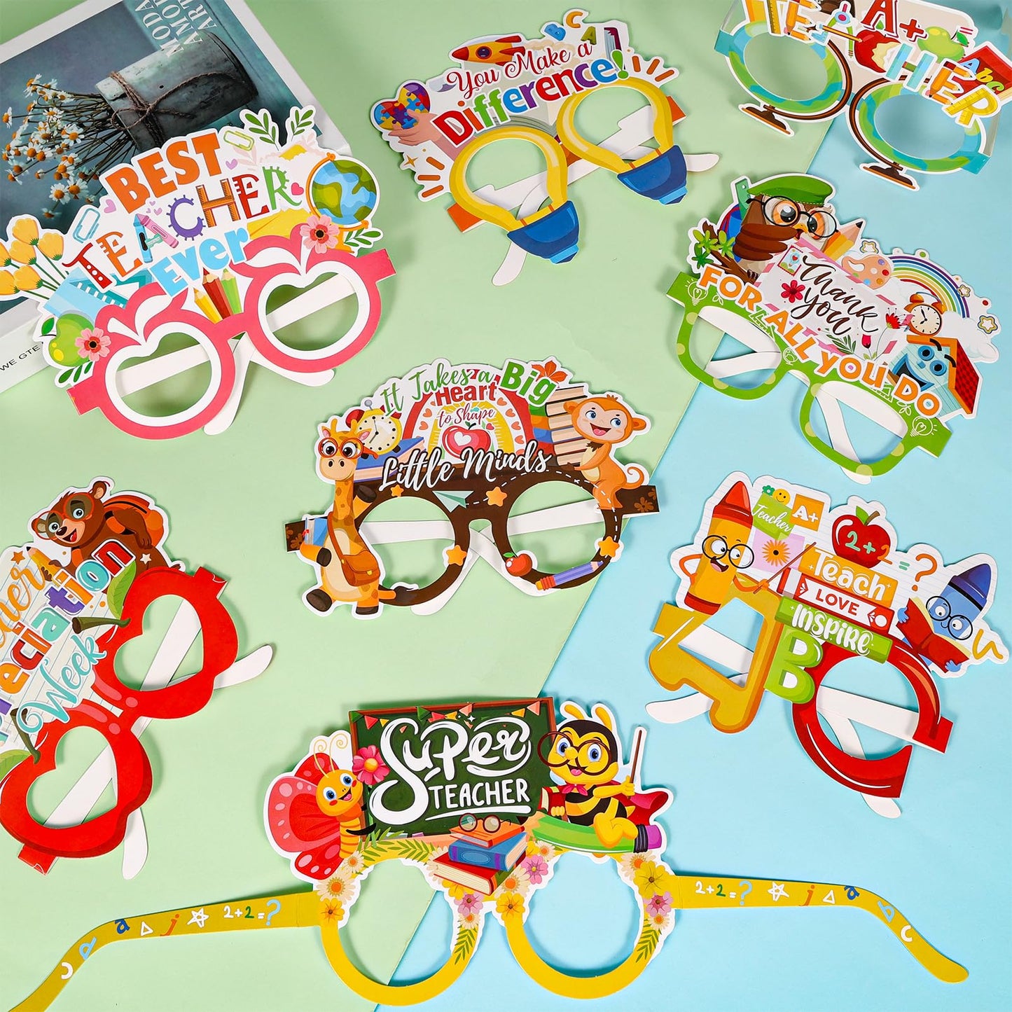 HOWAF 28pcs Thank You Teachers Paper Eyeglasses for Teacher Appreciation Week Photo Booth Props, Teacher Appreciation Week Eyewear Glasses for Teachers Day Decorations, Thank You Teachers Glasses