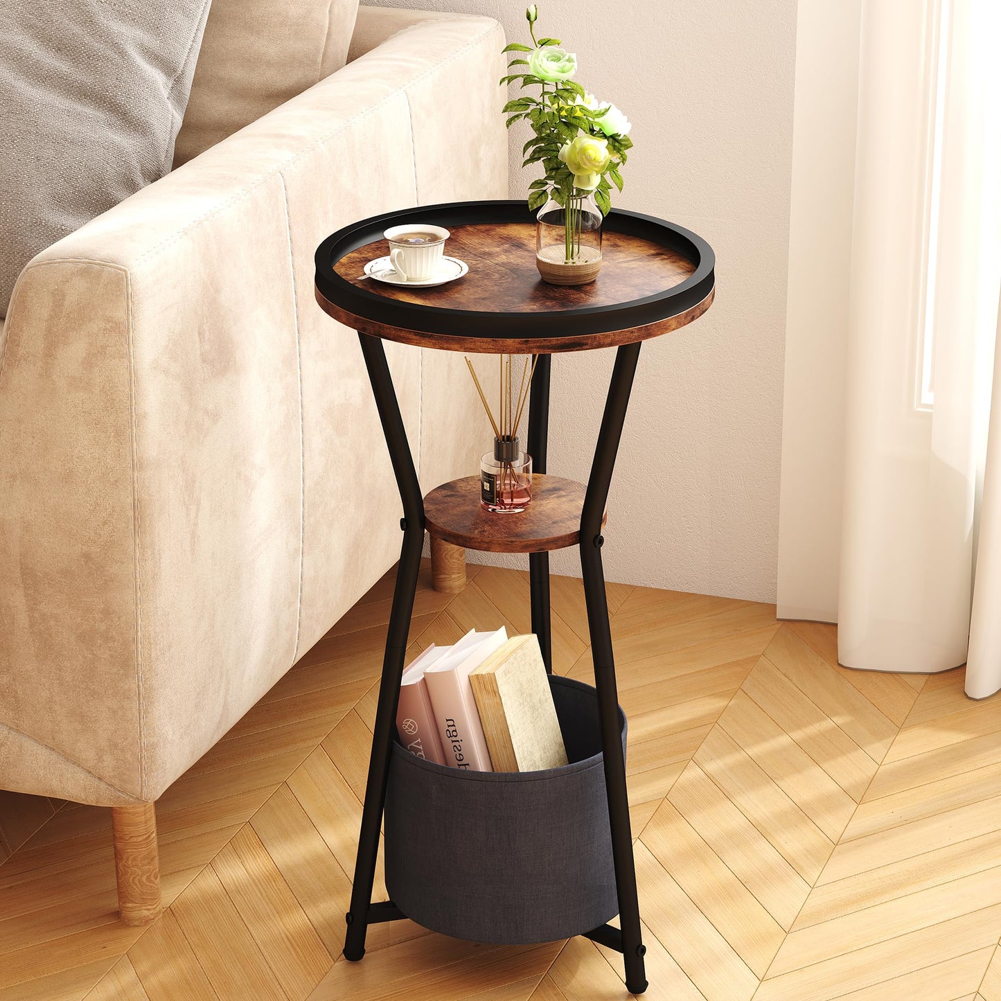 Yusong Round Side Table, Small Drink Table for Small Spaces, 3-Tier Industrial End Table, Accent Nightstand Bedside Table for Living Room, Bedroom, Sofa Couch, Rustic Brown