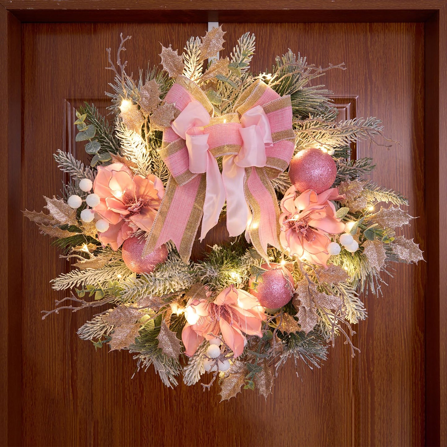 22inch Christmas Pink Wreath for Front Door with 30 LED Lights,Elegant Magnolia Christmas Door Wreath,Festive Holiday Decor, Frosted Winter Pink Decorations for Wedding