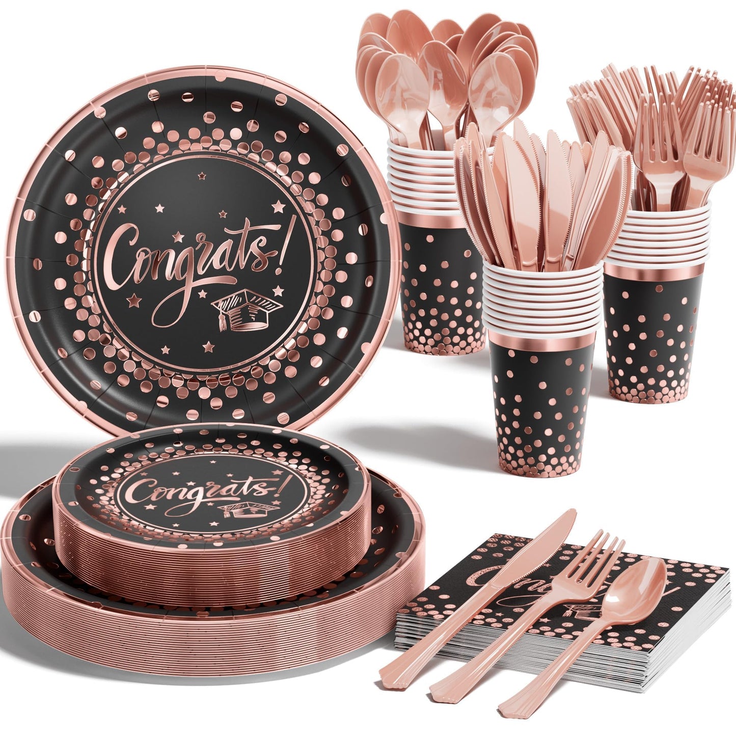 Ecomore 2026 Graduation Party Supplies - 175 PCS Congrats Grad Disposable Dinnerware Set w/Rose Gold Paper Plates Cups Napkins & Plastic Cutlery, Serves 25 Guests for School College Grad Celebration