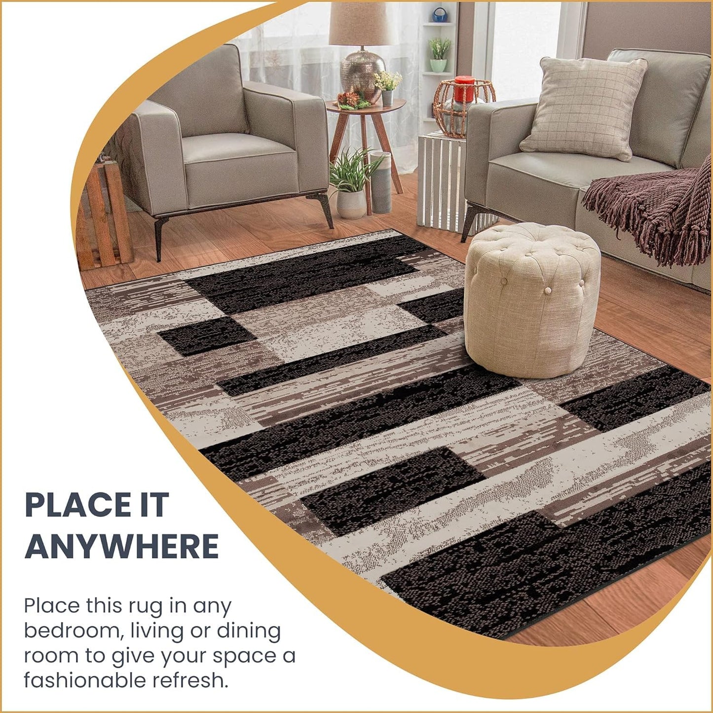 Superior Indoor Area Rug, Plush Carpet Cover, for Kids or Pets, Hallway, Entryway, Living Room, Dining, Bedroom, Office, Kitchen, Modern Geometric Patchwork, Rockwood Collection, 12' x 18', Chocolate