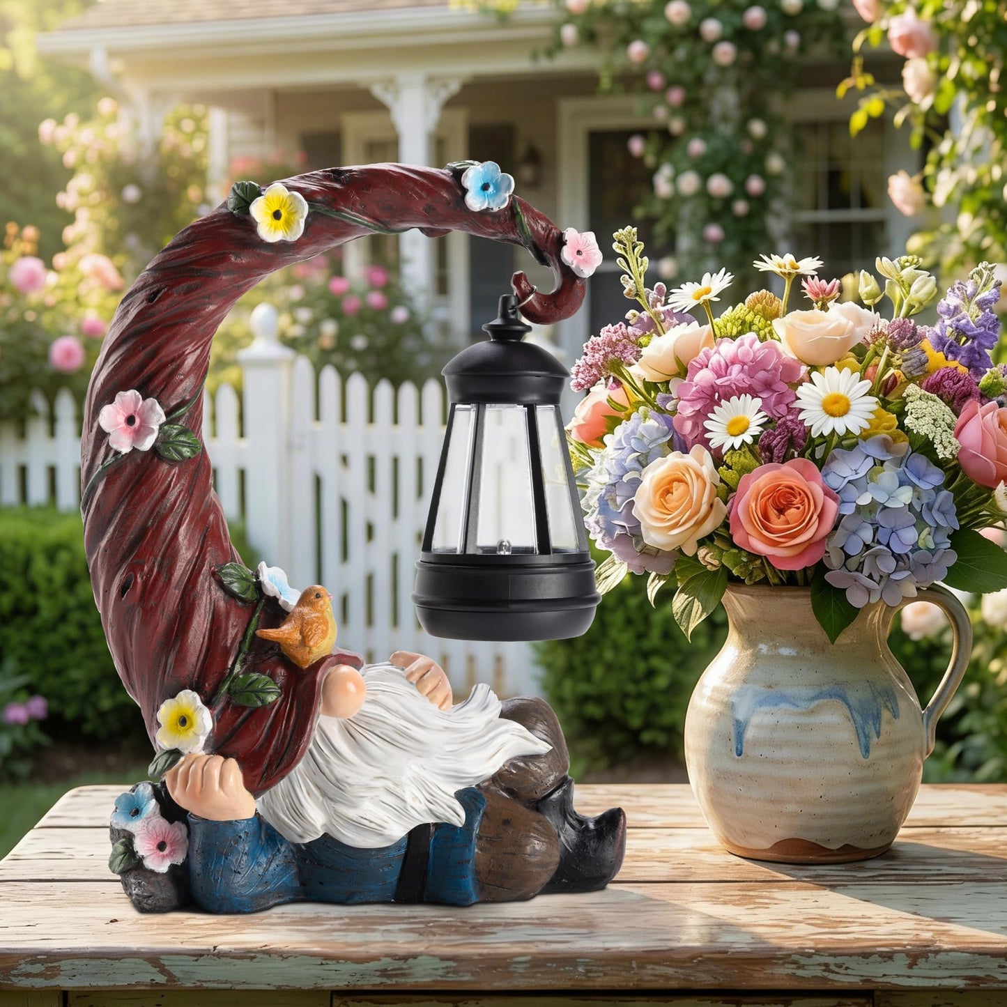 twinbling Garden Gnomes Outdoor Statue with Solar Light, Waterproof Resin Gnome Decor, Funny Garden Sculptures for Patio Lawn Yard, Mom Gifts for Mother’s Day Housewarming