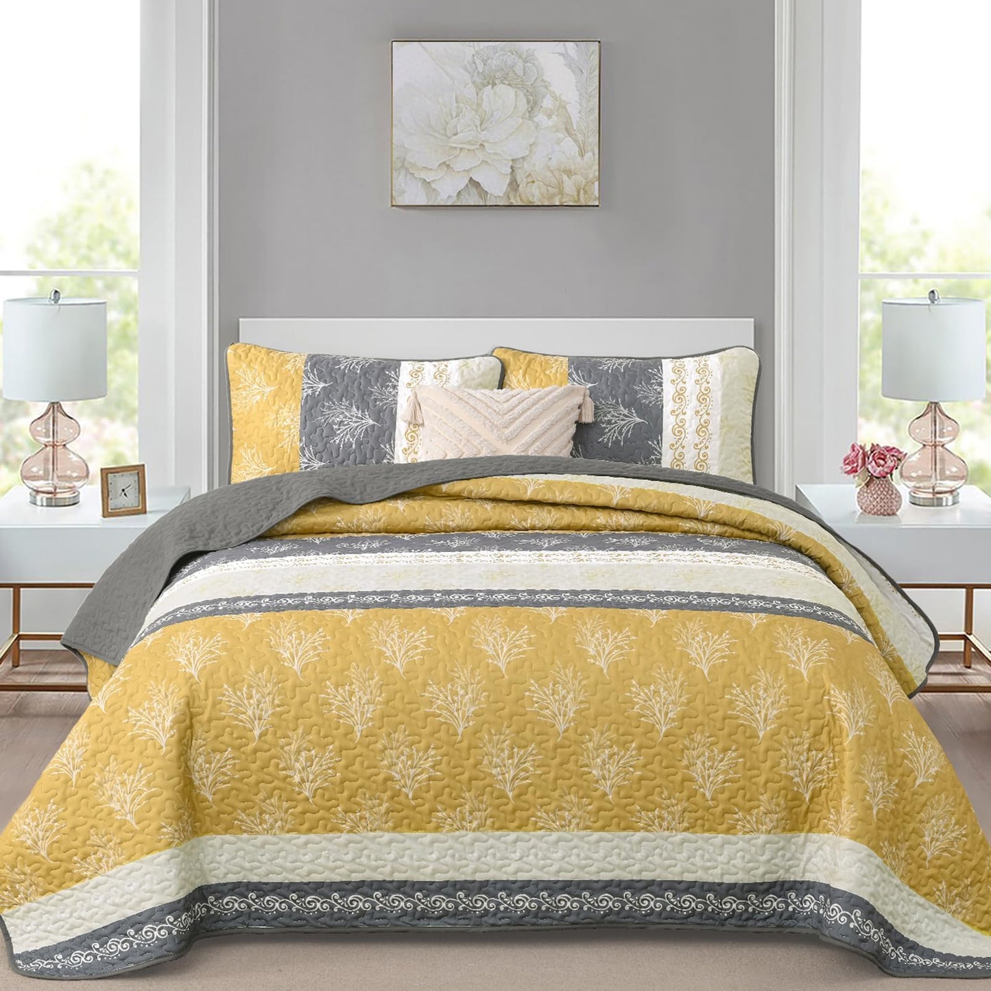 DJY Yellow Boho Quilt Set Queen Size, Striped Floral Yellow and Grey Bedspread Coverlet, 3 Pieces Patchwork Stripe Quilt Bedding Set Soft Microfiber Reversible Bedspread for All Season (96"x90")
