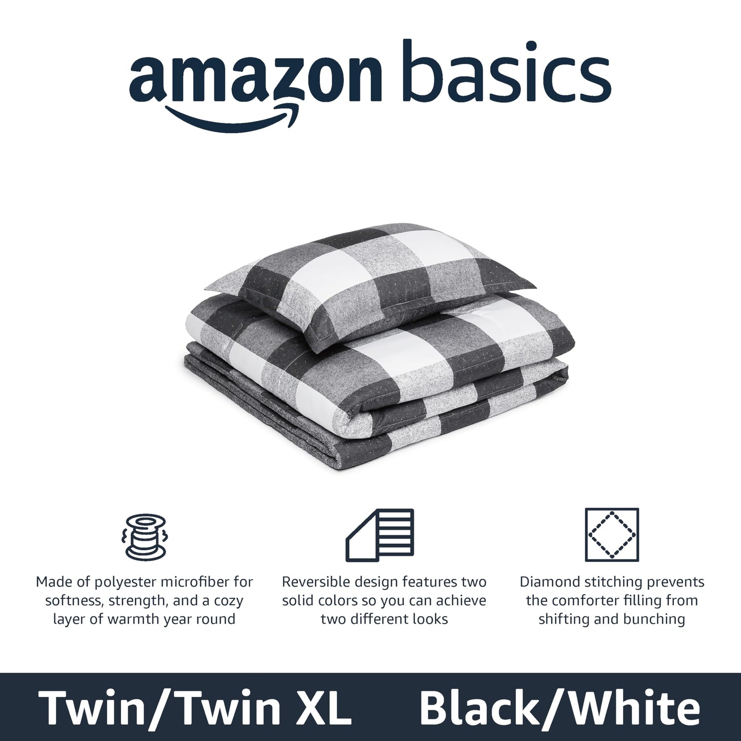 Amazon Basics Lightweight Microfiber Comforter Set, 2-Piece, Twin/Twin XL, Black/White Checkerboard