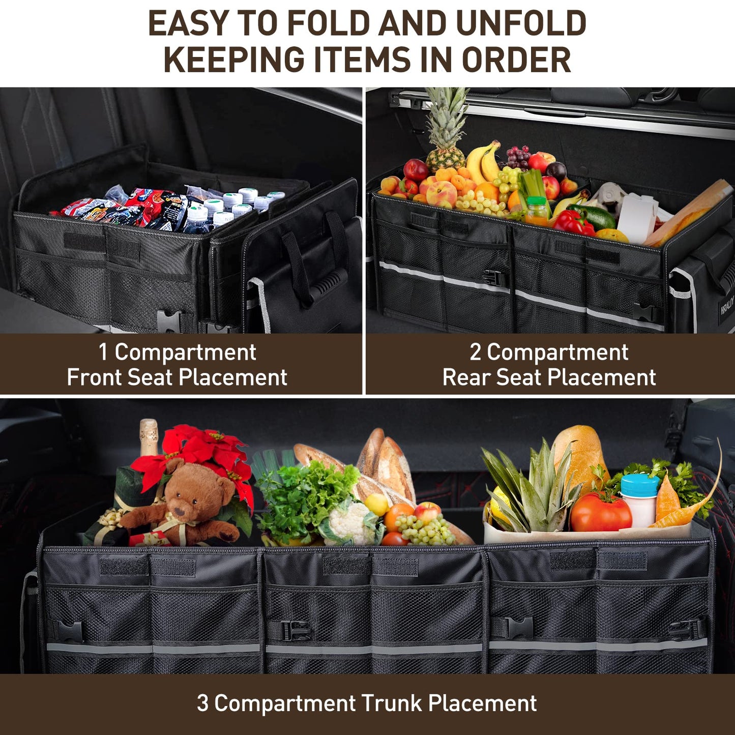 HIRALIY 4 in 1 Car Trunk Storage Organizer with Leakproof Cooler Bag, Multi-Compartment Foldable Trunk Storage Box for Car Truck SUV Black