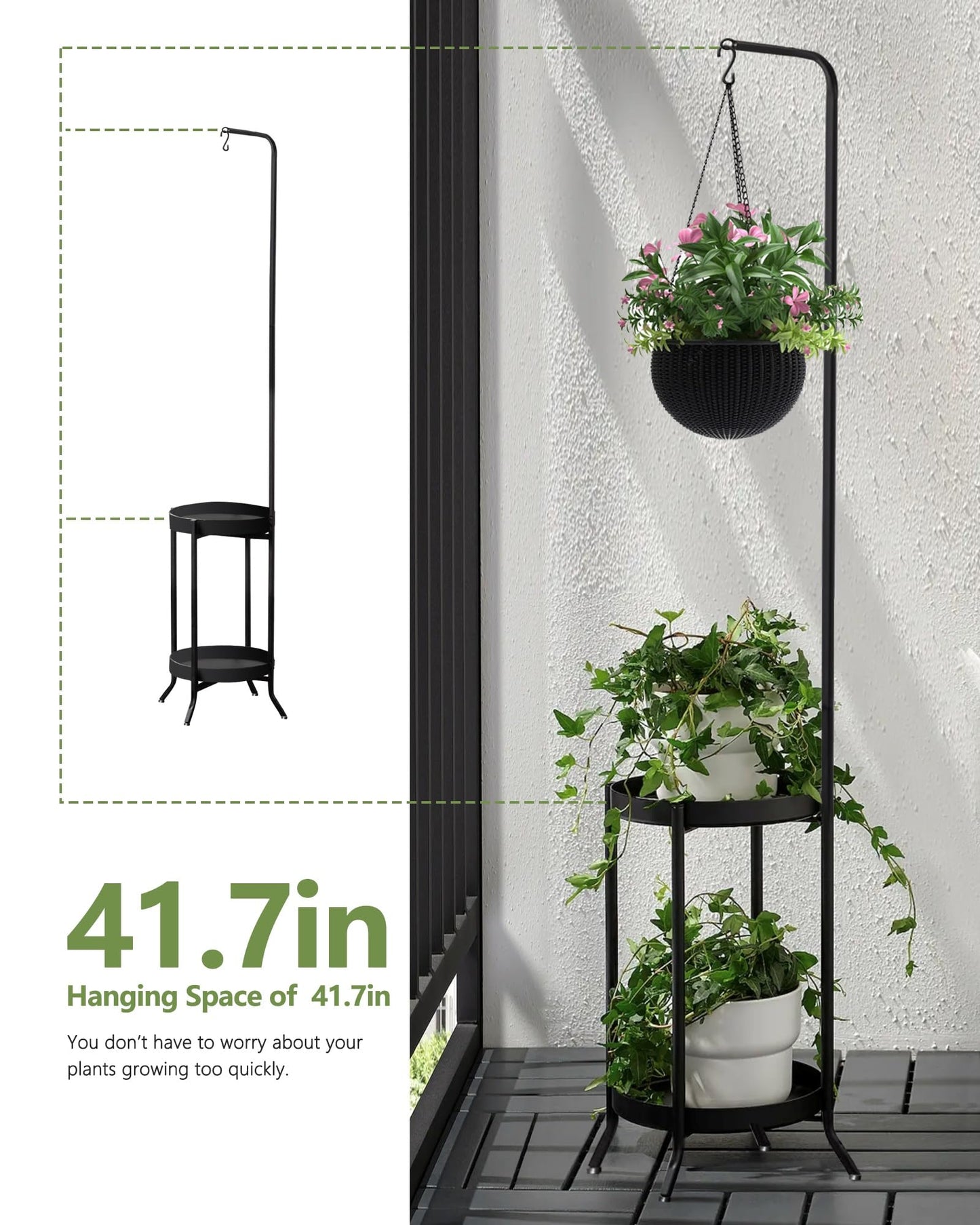 RINBOU 2Pcs Hanging Plant Stand Indoor Outdoor, Space-Saving Corner Metal Plant Shelf 3 Potted Flower Pot Stand, 2 Tier 61" Tall Modern Planter Holder for Patio Garden Balcony Living Room Bedroom