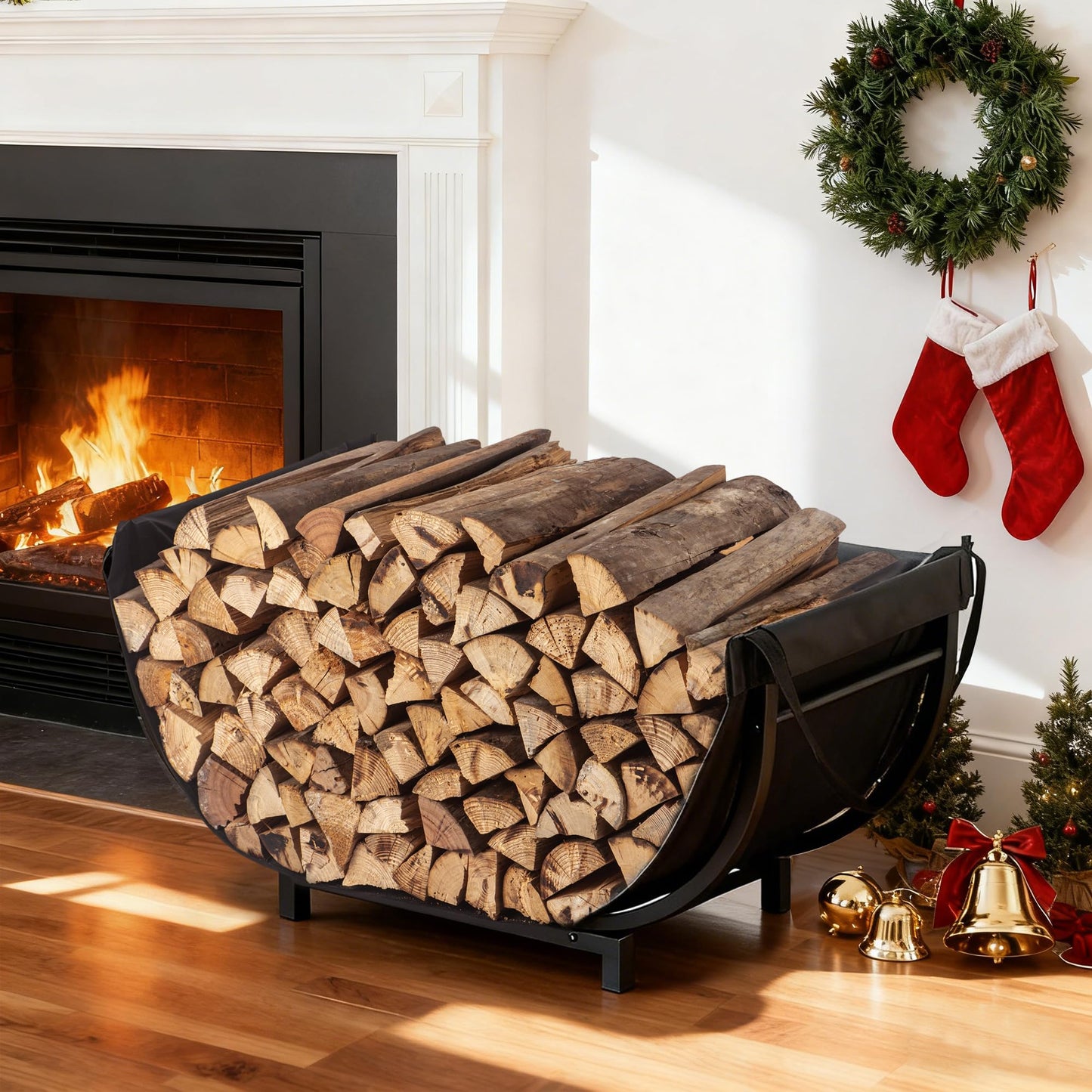 facka Curved Firewood Rack, Indoor Outdoor Log Firewood Holder, Metal Fireplace Wood Storage, Waterproof & Rustproof(Curved 30Inch Rack with Bag)