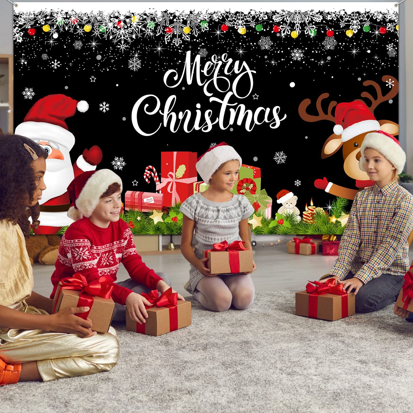 Irenare Christmas Banner Backdrop, Black Santa Claus Reindeer Merry Christmas Banner 72.8 X 43.3 Inch Indoor for Xmas Holiday Party Photo Booth Photography Wall Hanging Decor