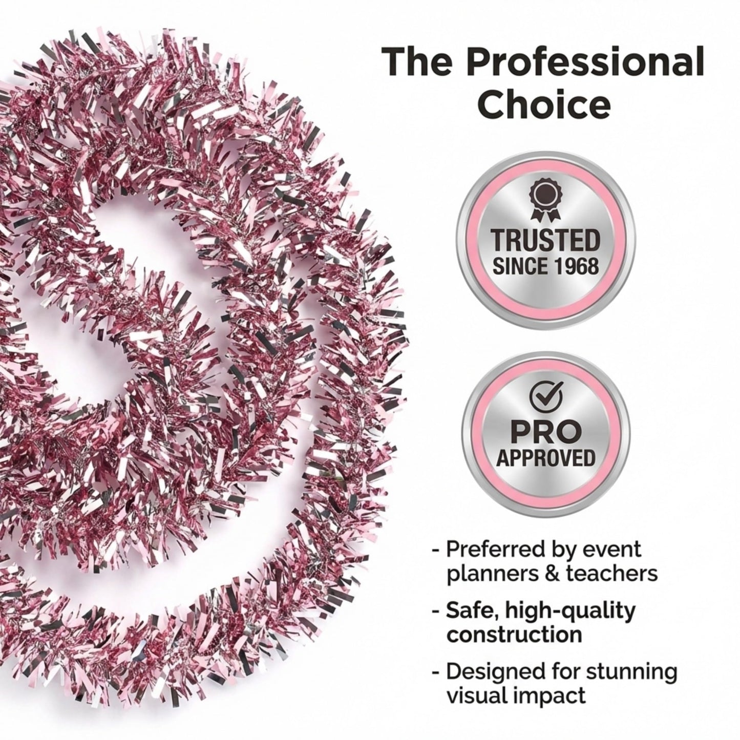 Anderson's Metallic Light Pink & Silver Sparkle Glitter Tinsel Twist Garland, 25ft Holiday Decoration, Christmas Tree Trim, Parade Float Decor, Party Supplies, Graduation, Event Garland