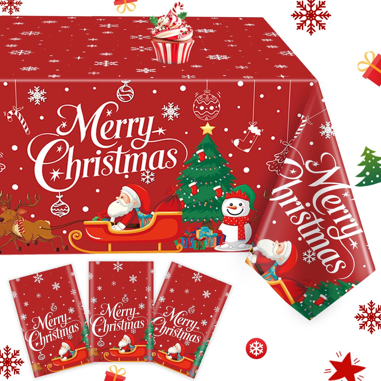 MEIDUO Christmas Tablecloth, 3 Pack 54" X 108" Red Christmas Disposable Plastic Table Covers, Rectangular Table Decor, Xmas Tree Snowman Snowflakes Designs for Winter Party Decorations