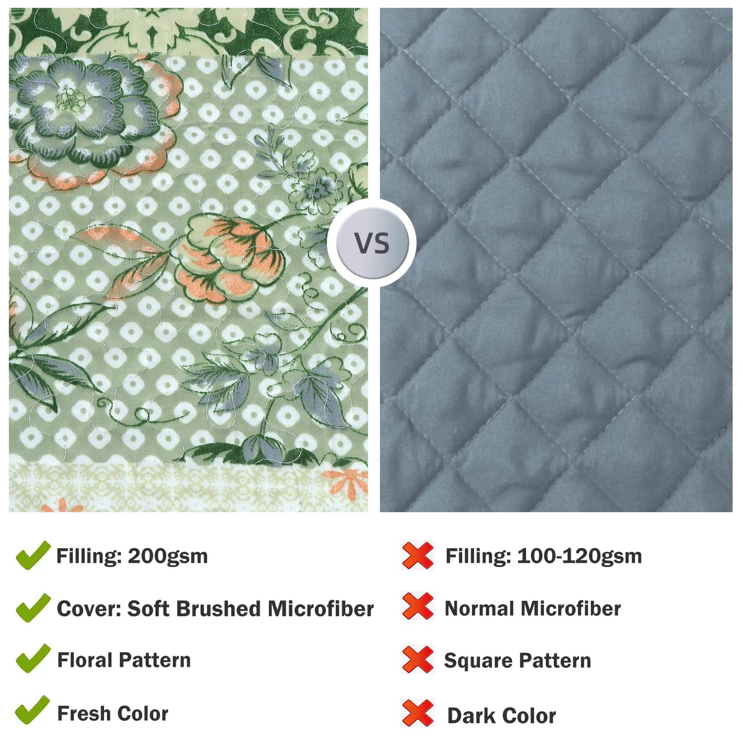 Cmfshape Summer Floral Queen Quilted Bedspread,Romantic Green Quilt Set,Reversible Stitched Bedding Cover All Season,Soft Lightweight Coverlet with Pillow Cases (Green&White, Queen90 x90)