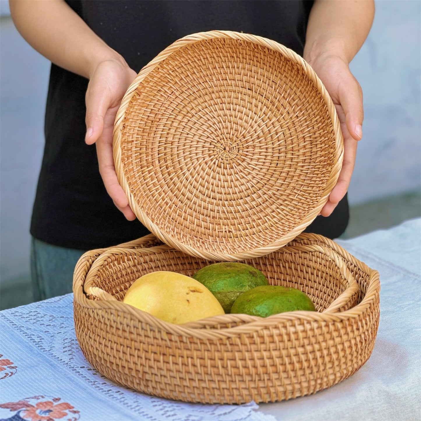 PYNAMIS 3 Pack Natural Rattan Round Wave Bread Basket, Fruit Bowl, Bread Basket Small Wicker Basket, Handmade Rattan Kitchen Decor, Fruit Storage, Basket Organizing, Set of 3 Size