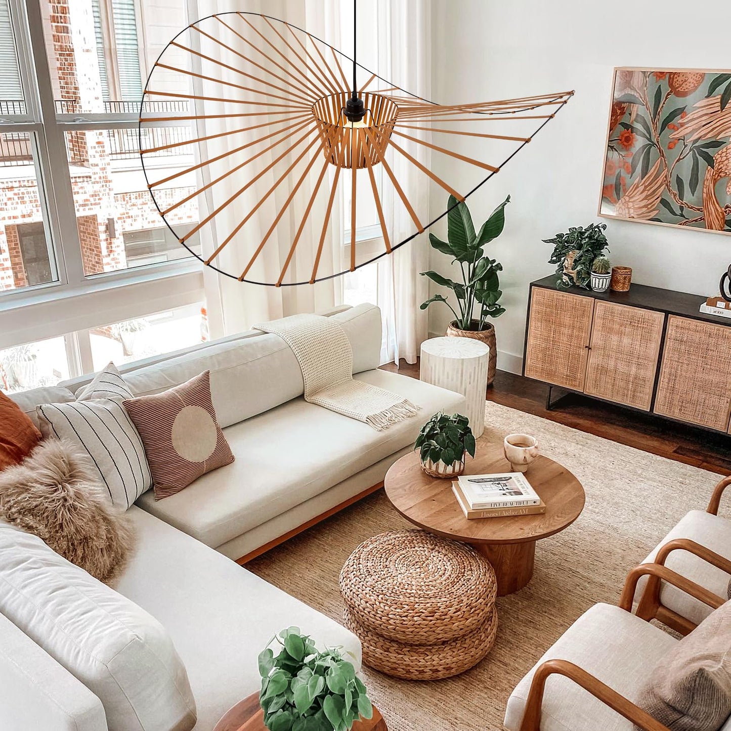 Brown Woven Chandelier, D39" Creative Straw Hat Shape Pendant Light Fixtures, Stretch Fabric+Fiberglass Material, Modern Boho Large Chandeliers, Suitable for Living Room, Bedroom, Dining Room, Office