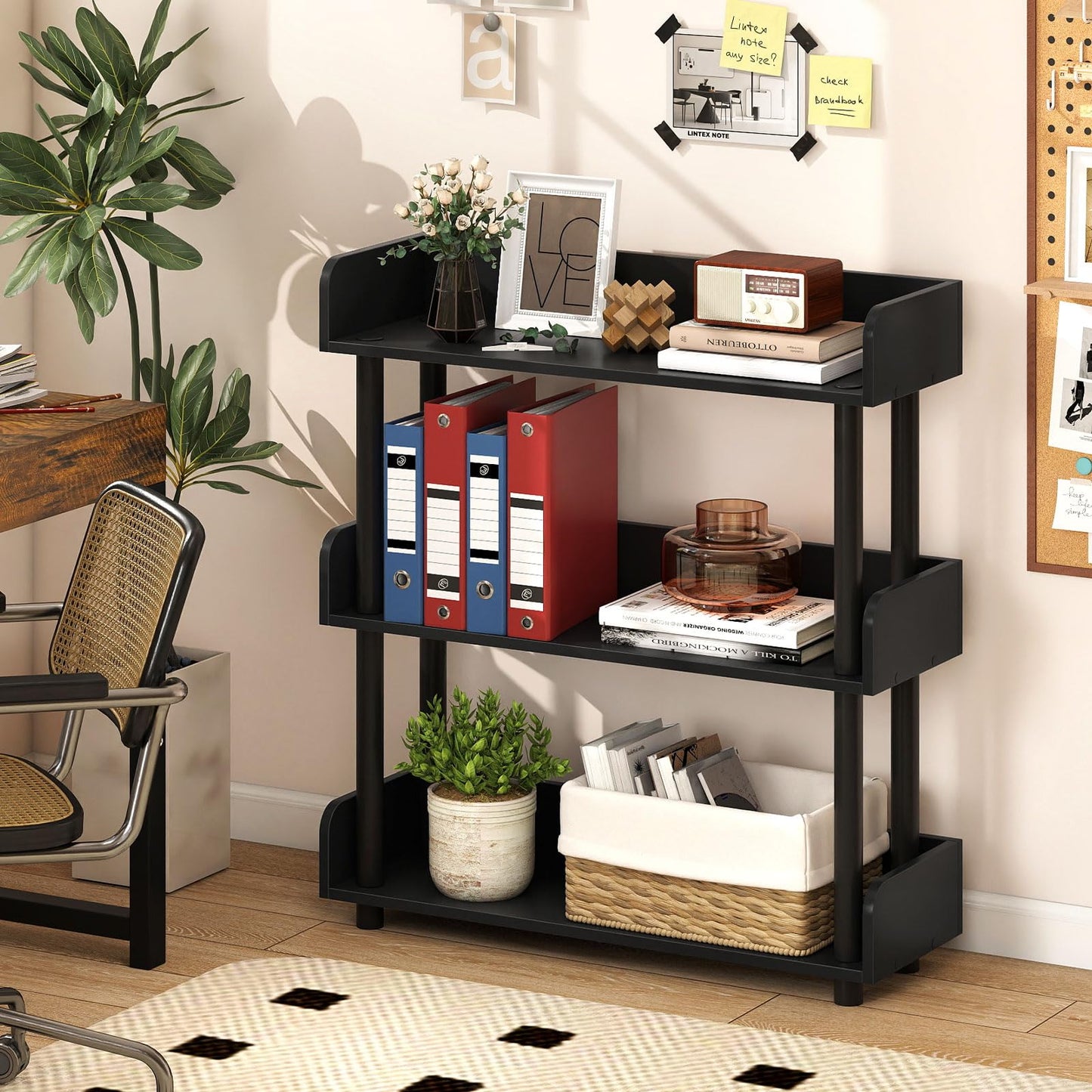 Tangkula 3-Tier Bookshelf, Multipurpose Wood Standing Display Rack with Back and Side Panels, Industrial Open Bookcase, Storage Organizer for Living Room Kitchen Office (Black, 1 Pack, 3-Tier)