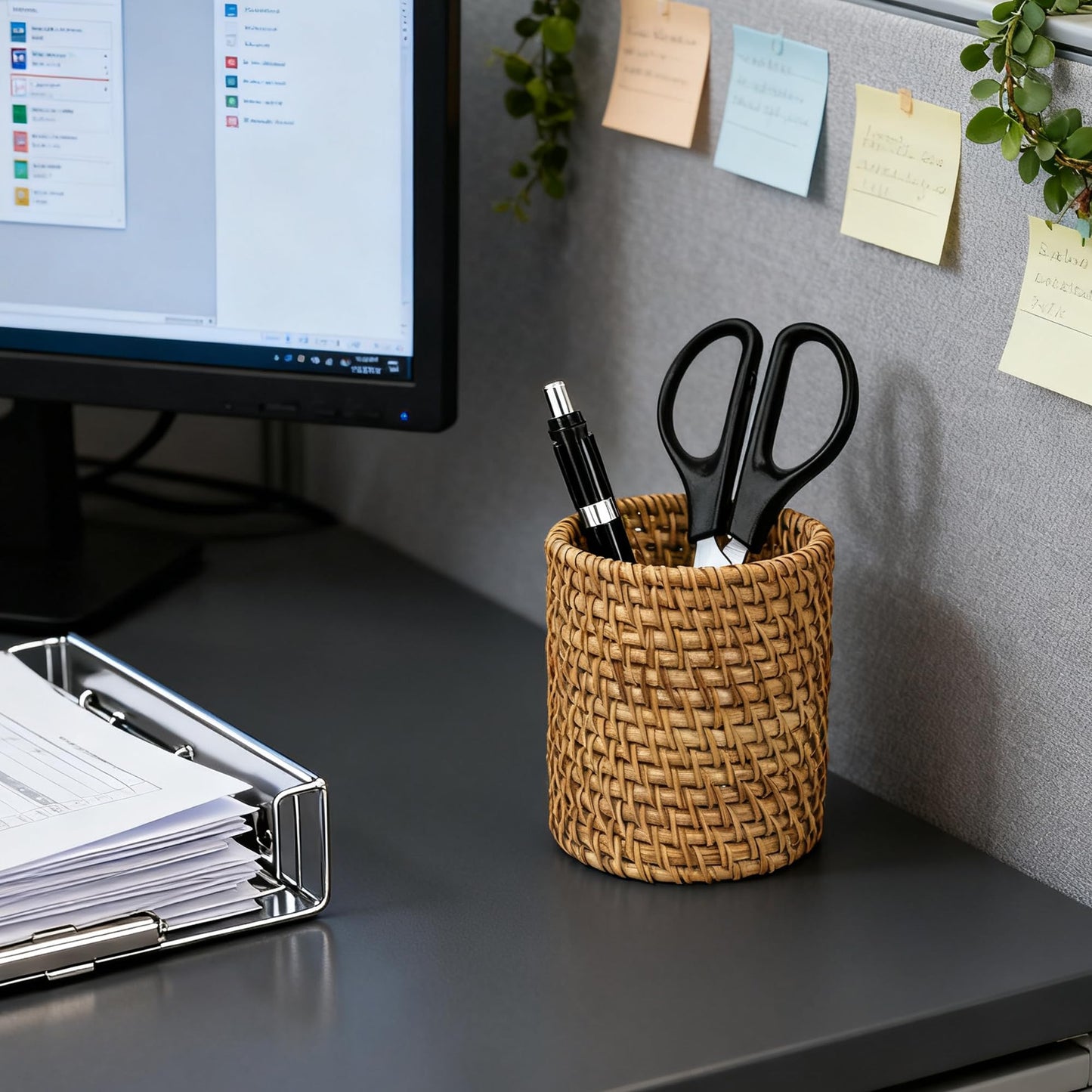JANKOW Wicker Rattan Pencil Holder, Cylindrical Desk Organizer Cup, Natural Brown, for Office, Vanity, Kitchen, 1-Pack