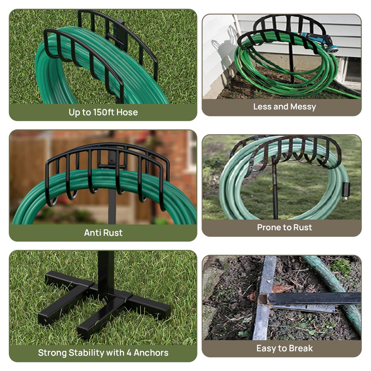 Winpull Garden Hose Holder Detachable Heavy Duty Metal Water Hose Hanger, Freestanding Hose Storage Stand Rack for Outside (Black)