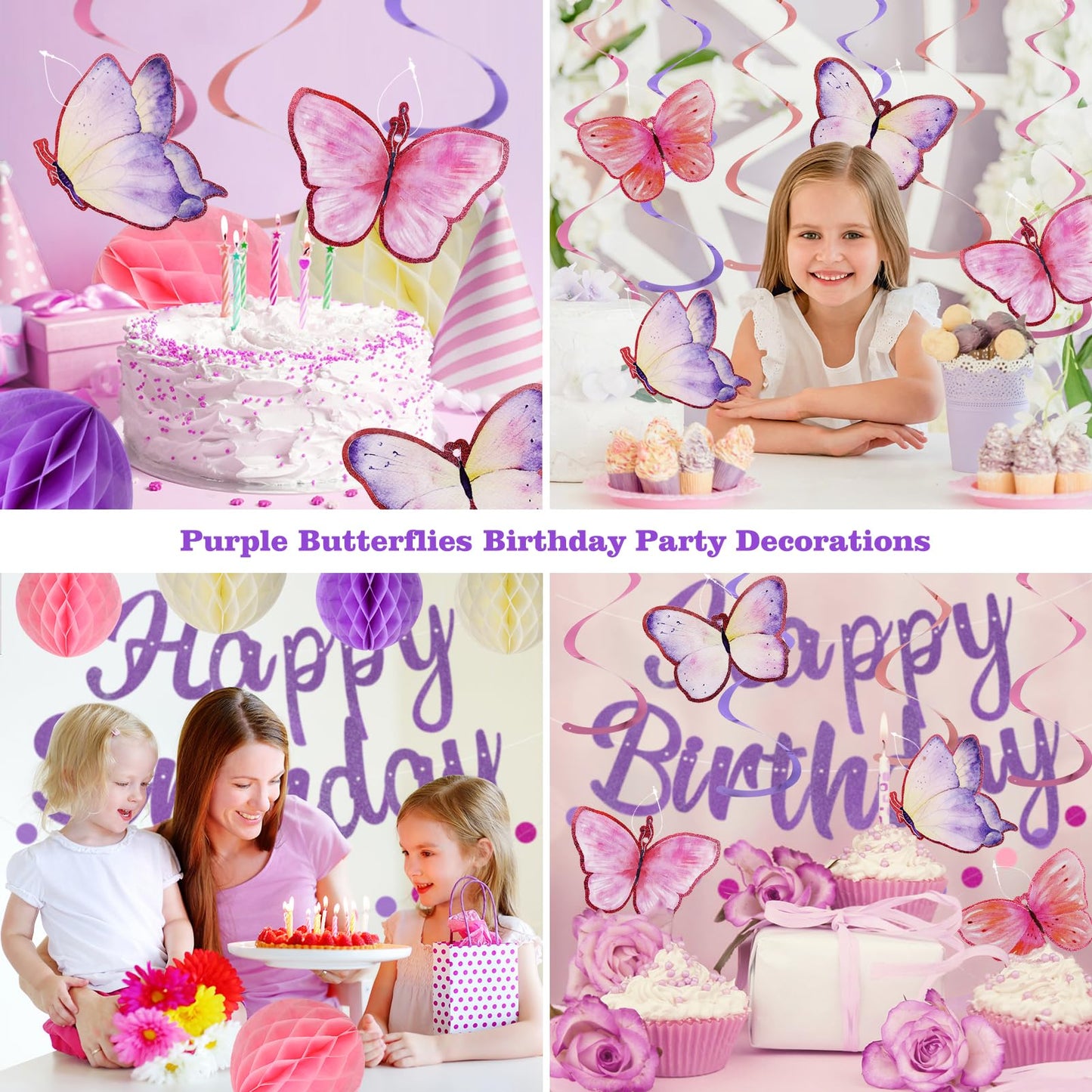 YEOCU Birthday Decorations, NO DIY, Pre-Strung Happy Birthday Banner with Honeycomb Balls, Hanging Swirls, Circle Dots Garland, Happy Birthday Party Decorations for Women Men Boys Girls (Purple)