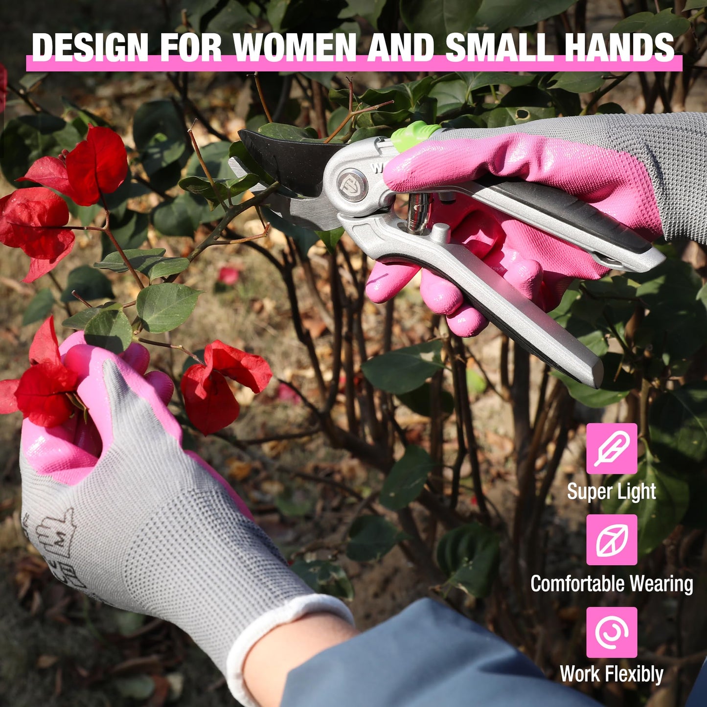 HAUSHOF Gardening Gloves for Women Ladies Thorn Proof 6-Pairs Work Gloves, Women's Breathable Garden Gloves Nitrile Coated with Texture for Yard Work, Pink & Green Large Size