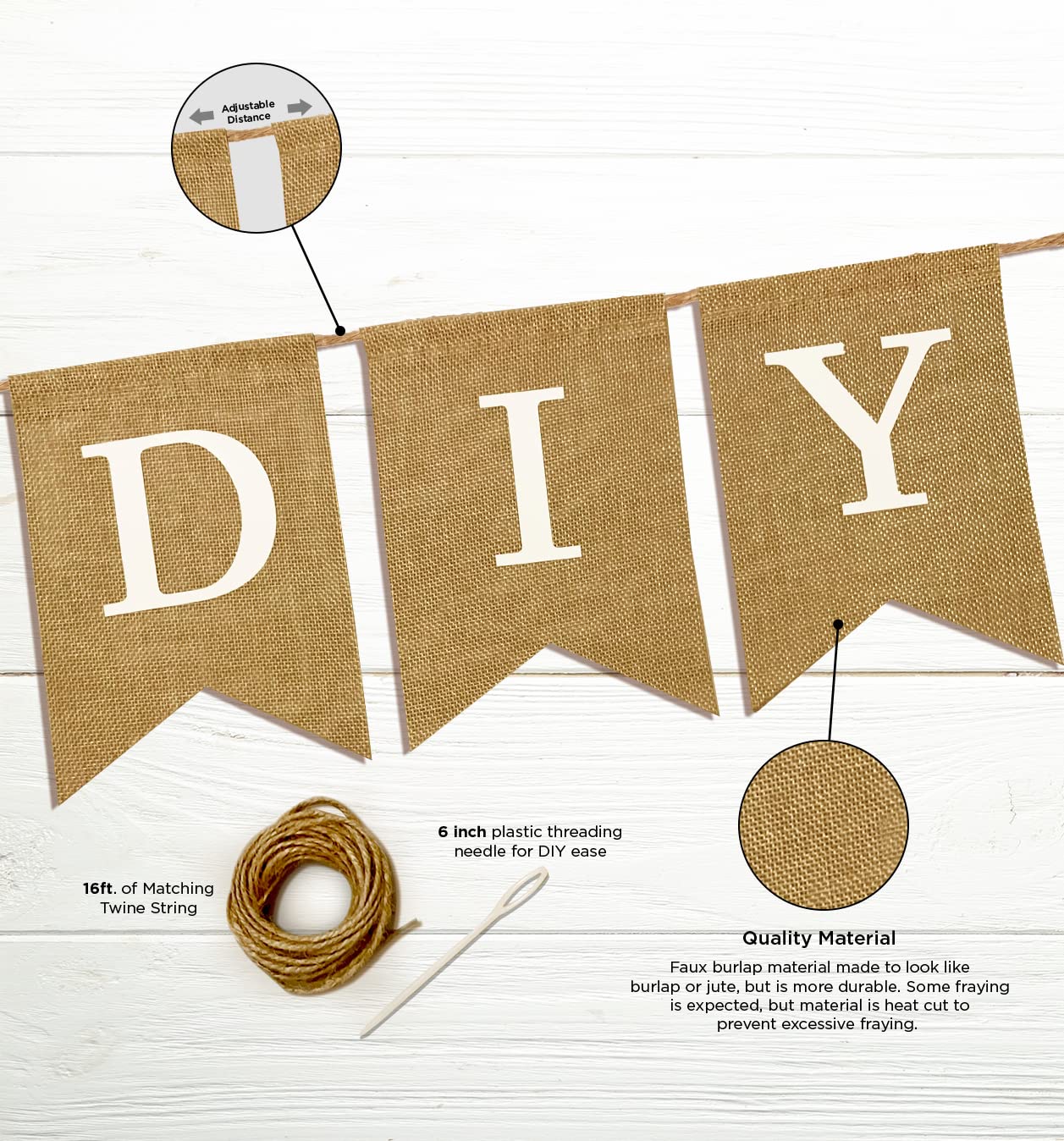Pre-Printed Banner Kit – 97 BURLAP Flags with WHITE Letters, Numbers & Symbols, Reusable DIY Custom Banner, Make Your Own Personalized Party Banner, Faux Burlap, Includes Twine & 2 Needles