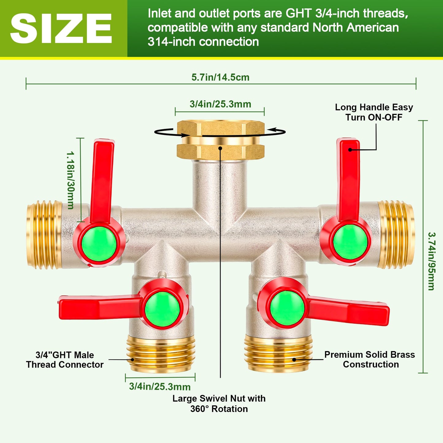 DINGBAI Hose Splitter 4 Way, High Flow Garden Hose Splitter, 3/4” Ght Inlet Brass Heavy Duty Hose Converter, Full Flow water 4 Way Faucet hose splitter, Long Handle Hose Valve Large Outlet.