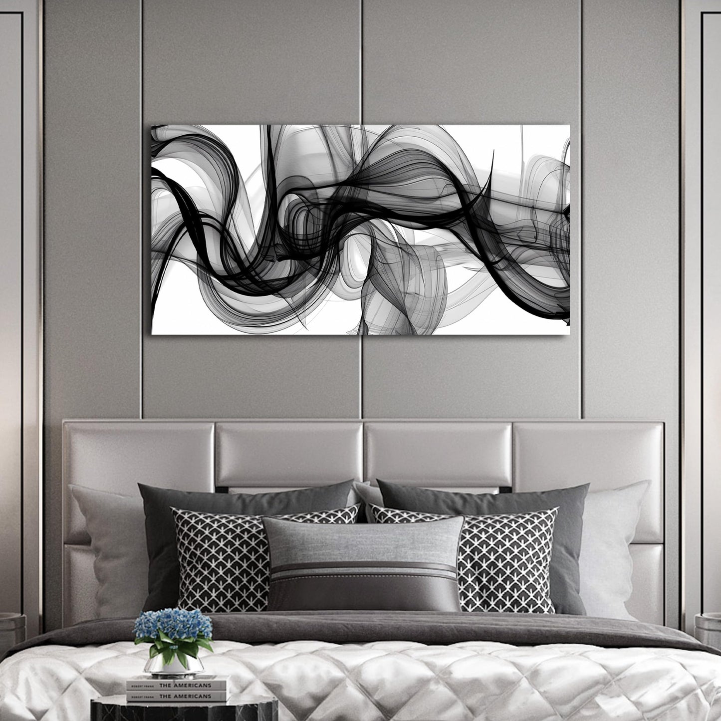 ENTANUB Abstract Wall Art for Bedroom, Black and White Canvas Wall Decor for Living Room, Smoke Picture Print, Size 40 x 20 Inches
