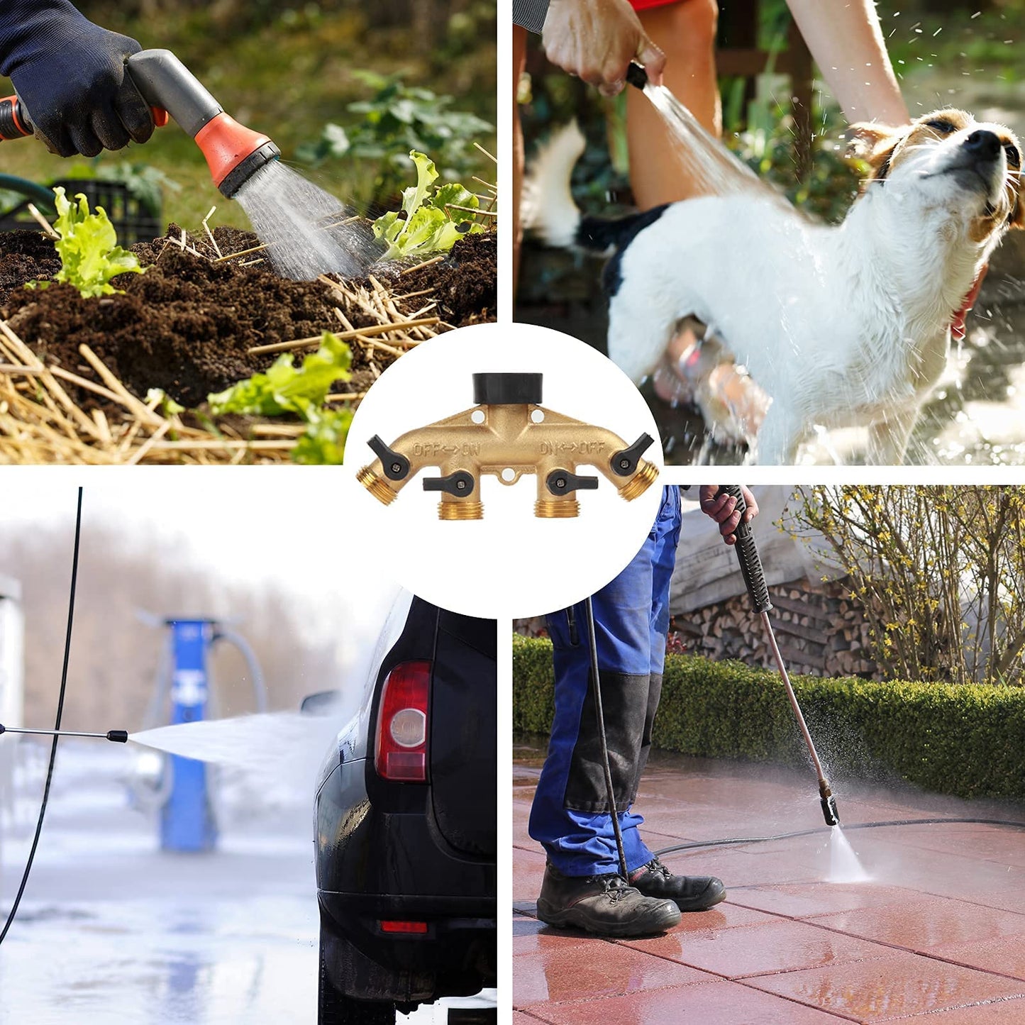 Heavy Duty Brass Garden Hose Splitter, 3/4" 4-Way "Y" Shut-Off Hose Connector Outlet Splitter Spigot Adapter with 2 Kink-Free Outdoor Faucet Extension Hose Protectors for House Lawn Patio Garden