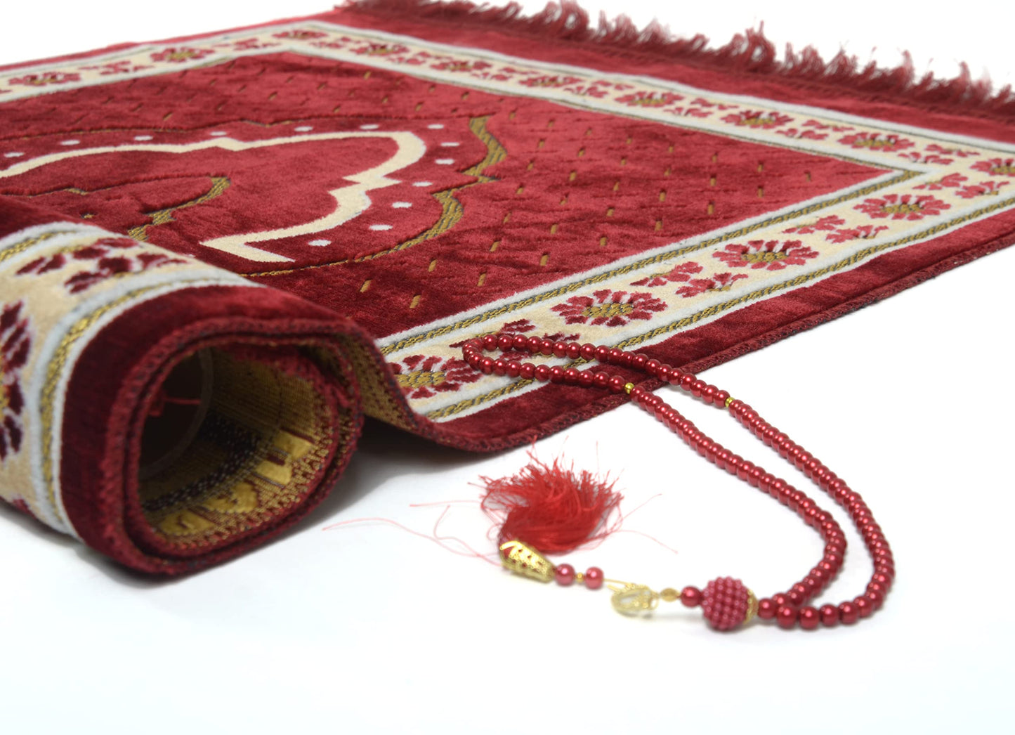 TB Islamic Prayer Rug Plush Soft Velvet Muslim Mat Unique Arabic Turkish African Embroidered Design Prayer Bead Daily Salah Prayer Meditation Ramadan Eid Gift for Women Men Kids (Red)