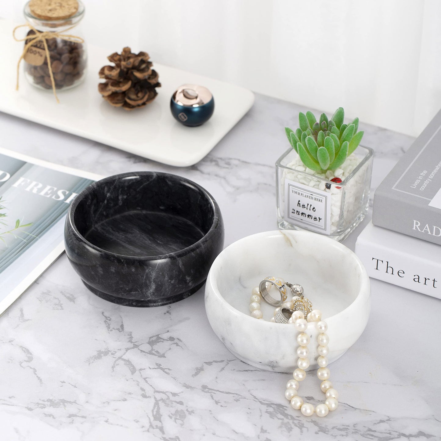 4.72 Inch Natural Marble Jewelry Dish, Mothers Day Gifts Small Decorative Bowl Ring Dish Trinket Holder Key Catchall Bowls, Vanity Tray for Display Home Decor Wedding Gift(White & Light-grey)
