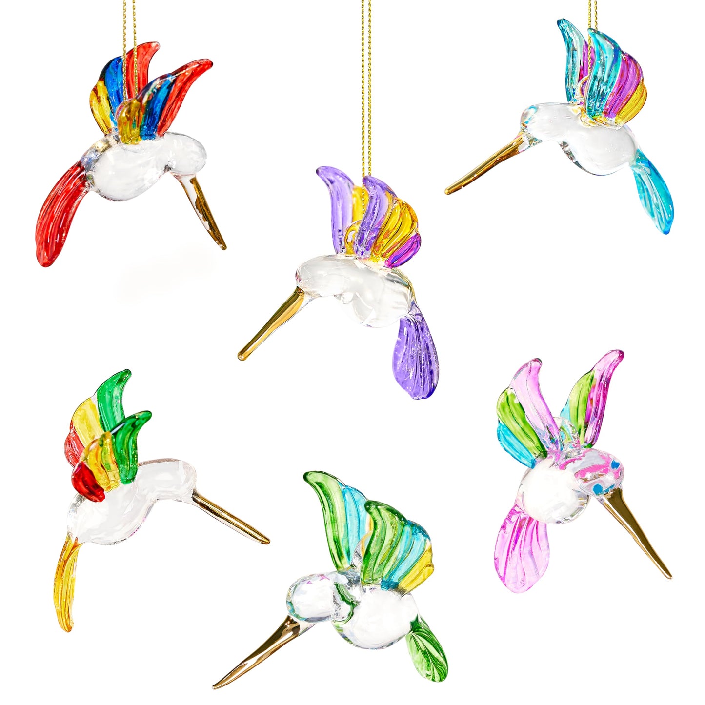 6Pcs Hand Blown Glass Hummingbird 1.3''*2.7'' Small Hanging Ornaments Crystal Humming Bird Figurines Collectible Decor for Home