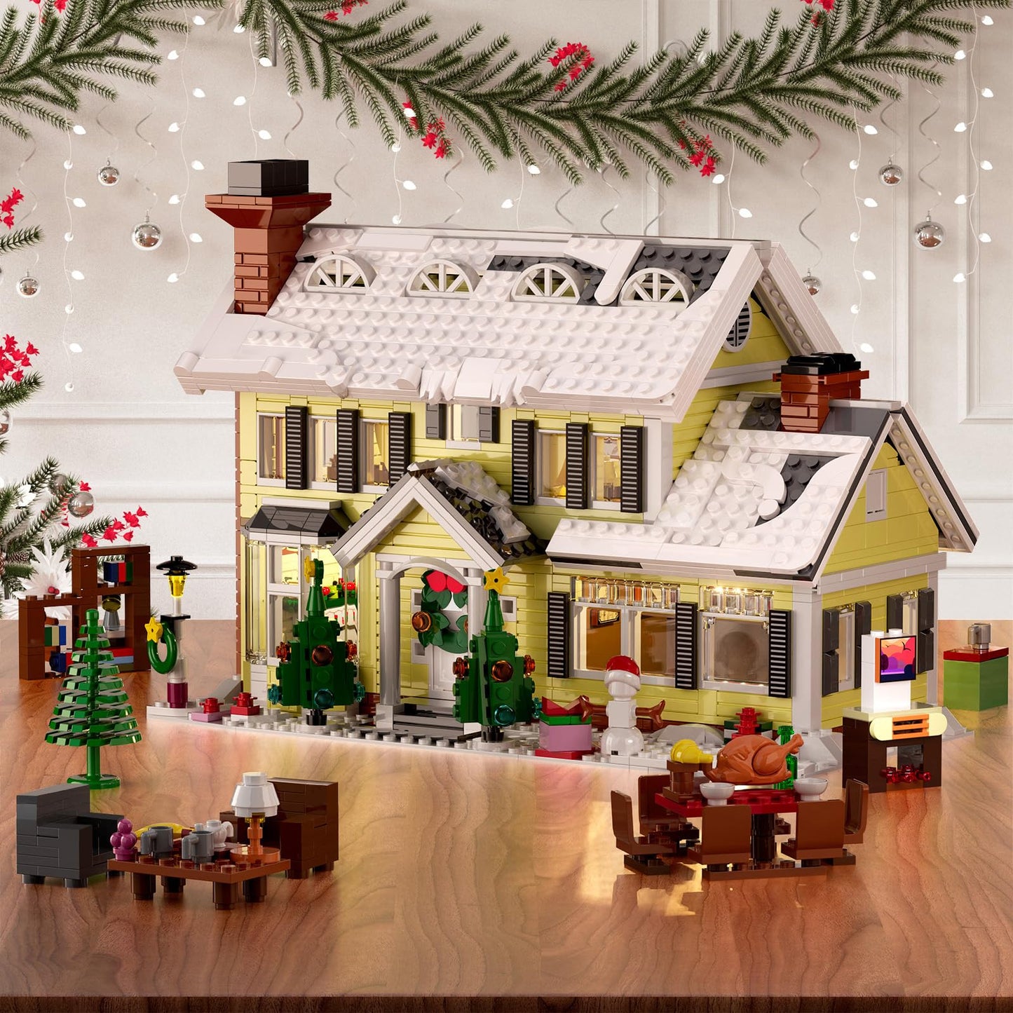 Christmas Holiday House Building Set, LED DIY Christmas Holiday Snow Village, Christmas House Compatible with Lego Gifts for Boys, Girls, Family, and Friends (1156pcs)