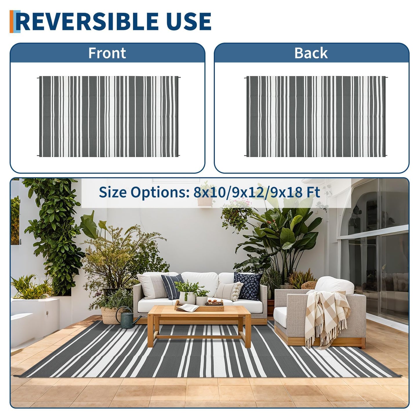 Jojoka Modern Outdoor Rug Reversible Plastic Straw Rug, Geometric Lines Pattern, UV-Resistant Portable Camping Carpet for Patio, RV, Deck, Trailer & Poolside