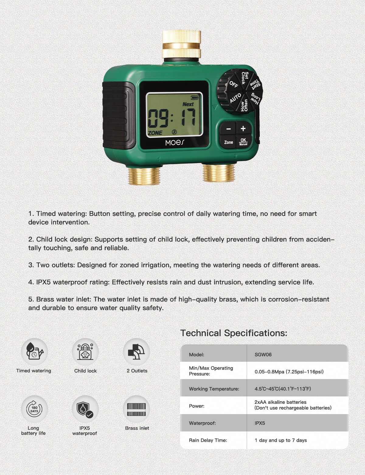MOES 2 Outlet Sprinkler Timer, Brass Inlet & Outlet, Programmable Automatic Irrigation Controller, Rain Delay, Manual Watering, 2 Zone Water Hose Timer for Gardens, Lawns, and Hose Systems