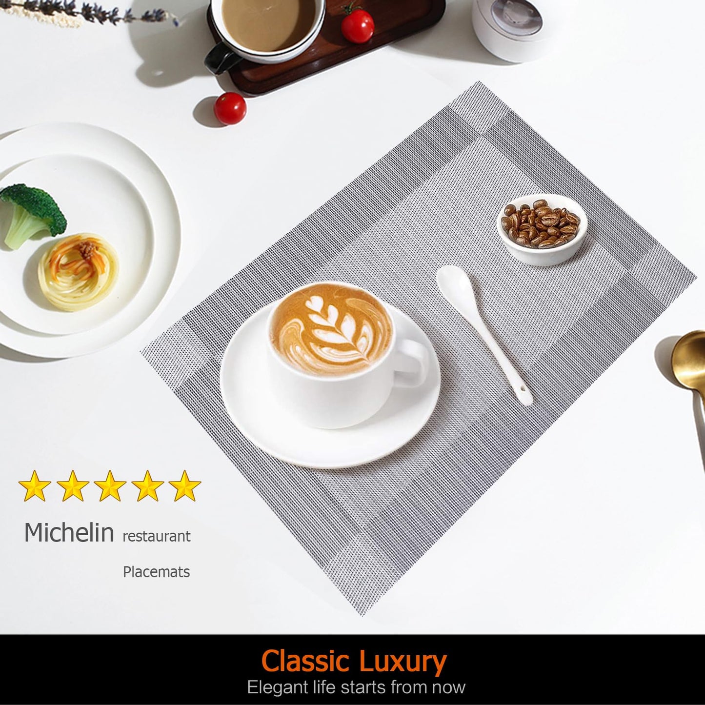 Uolr Placemats Set of 6 Washable&Wipeable Silver Place mats for Dining Table Kitchen Indoor Outdoor Table Mats Heat Resistant Non Slip Woven Vinyl Table Placemats (Grey，6PCS)