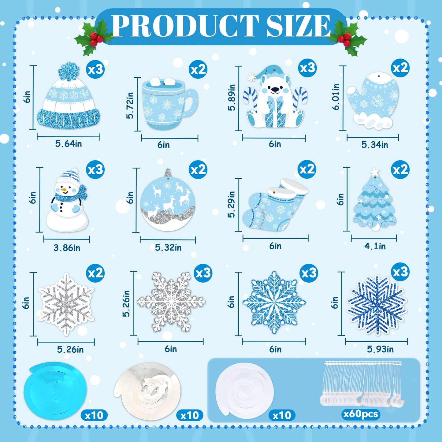 30Pcs Winter Wonderland Party Decorations Winter-Themed Hanging Swirls Snowflake Snowman Ceiling Hanging Streamers Ornaments for Xmas Wonderland Frozen New Year Birthday Party Supplies