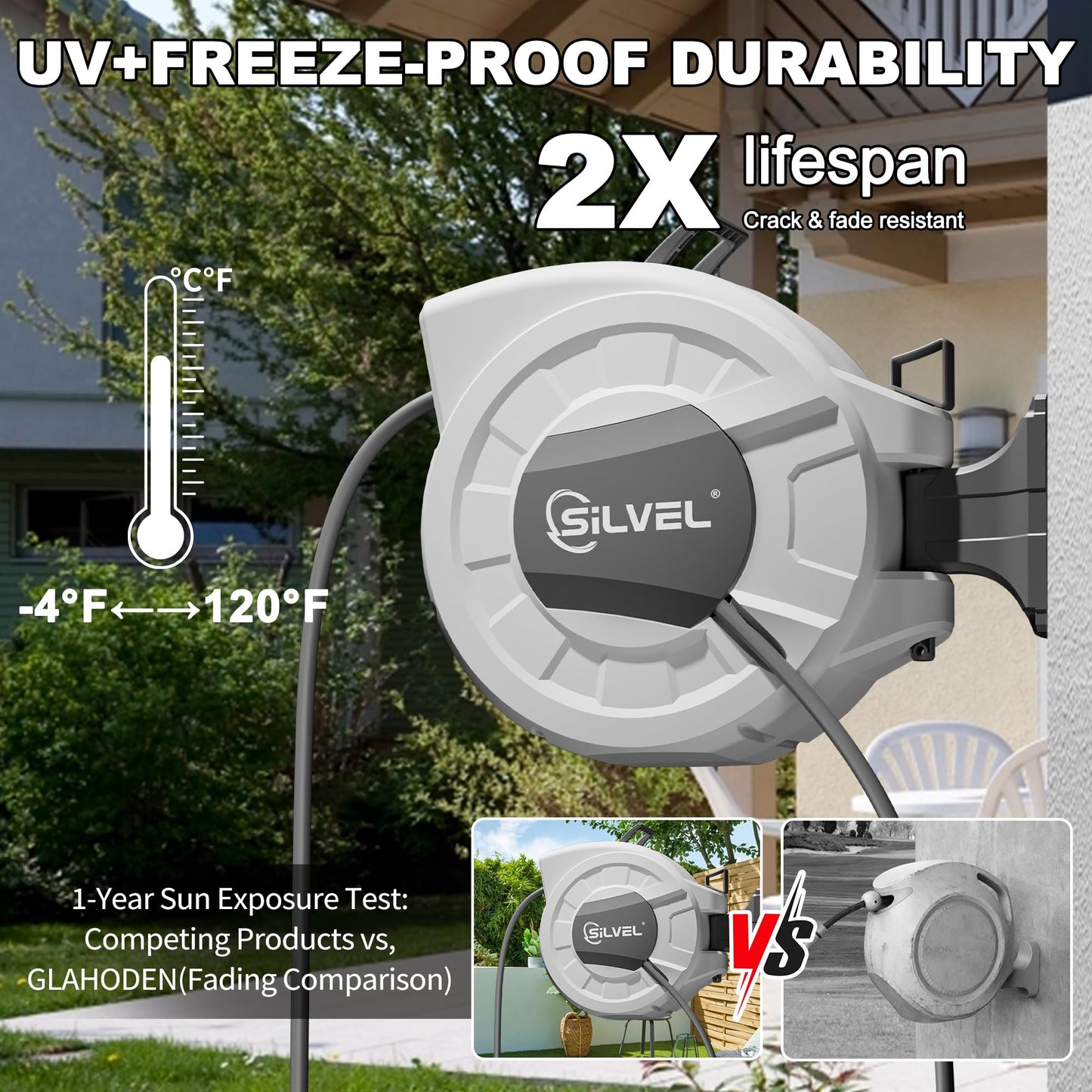 SILVEL Retractable Garden Hose Reel, 1/2 in x 110ft Wall Mount Heavy Duty Automatic Hose Reel with 10 Pattern Nozzle, Any Length Lock & Slow Return System, 180°Swivel Bracket Upgraded UV Resistant