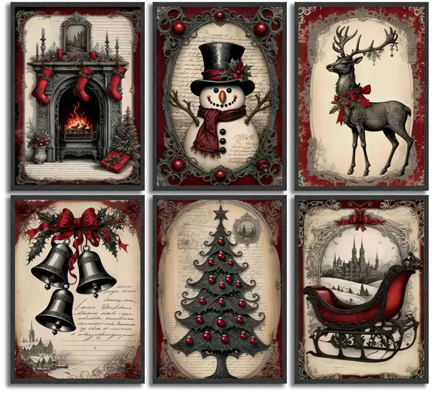 6pcs Christmas Canvas Wall Art Red Christmas Tree Snowman Elk Posters Prints Paintings Winter Landscape Festive Elements Wall Decor Pictures for Living Room And Bedroom Furniture Decoration Unframed