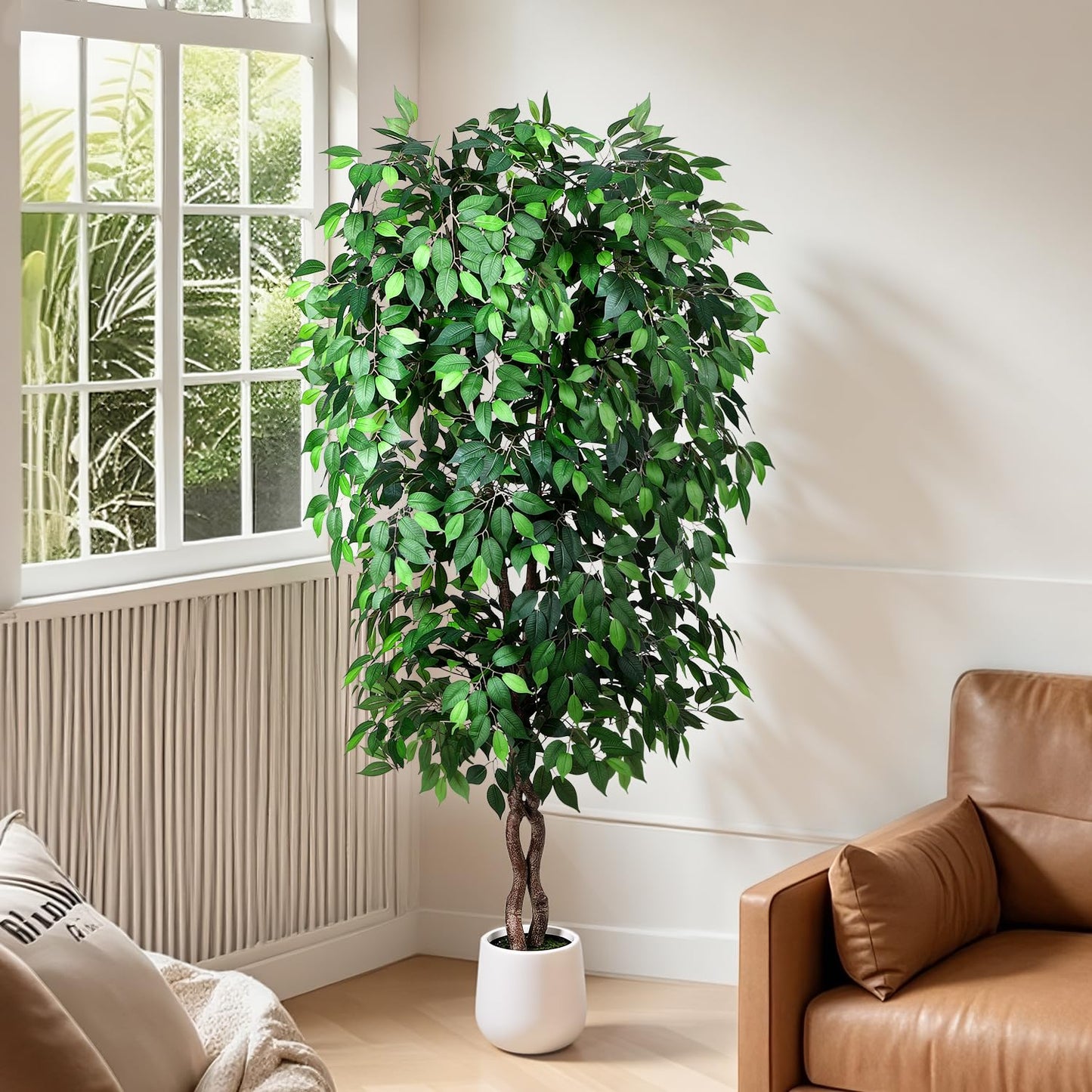 Jocoevol 7FT Artificial Ficus Tree, Tall Faux Trees Indoor with White Planter, Dried Moss, Natural Silk Leaves & Trunk, Fake Plants for Home Living Room Office Corner Decor Housewarming Gift