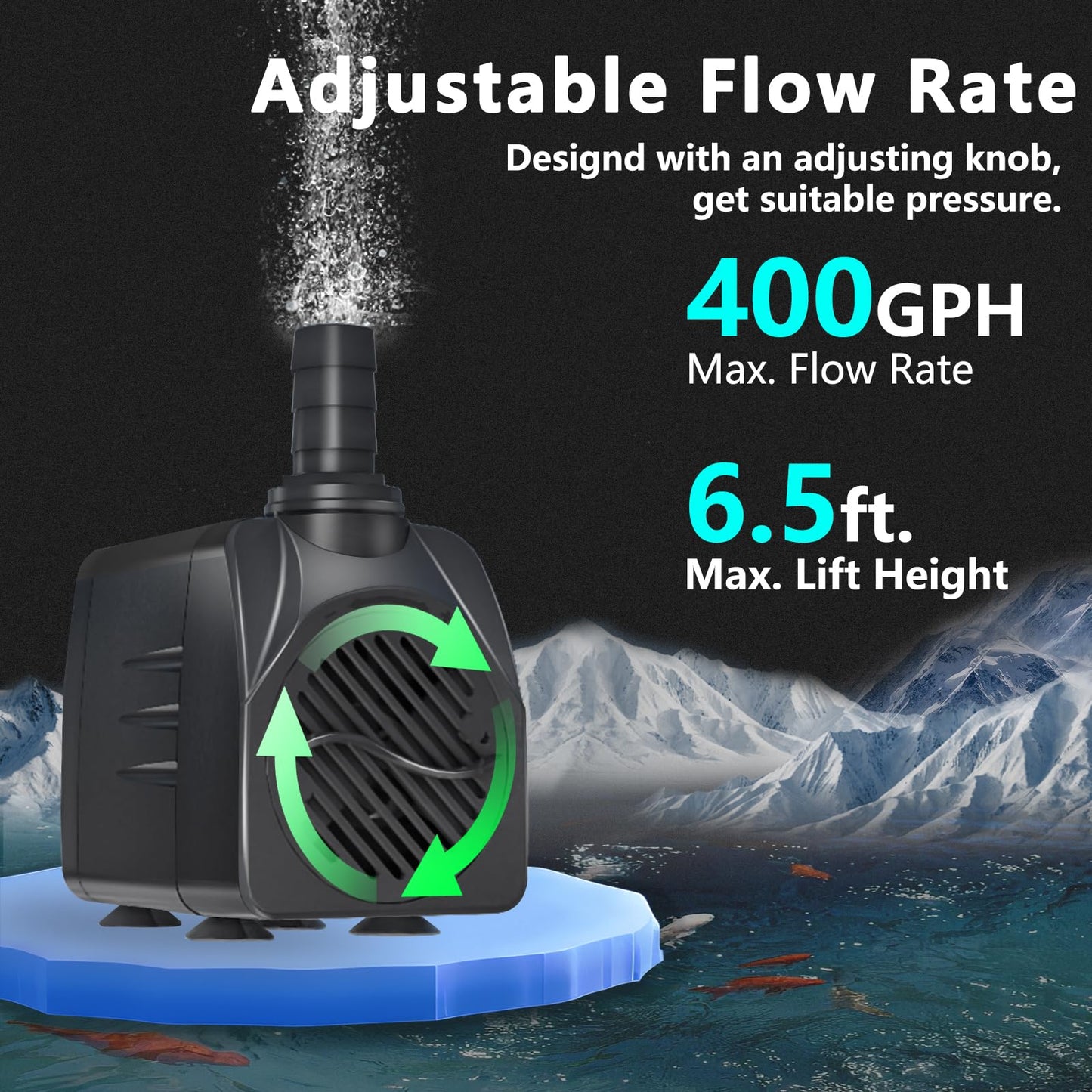 Zoronk 400GPH Auto-Shut-OFF Submersible Pond Pump (1500L/H 25W) Ultra Quiet Fountain Water Pump with 6.5ft High Lift, 3 Nozzles for Aquarium, Fish Tank, Pond, Hydroponics, Statuary,Water Feature.