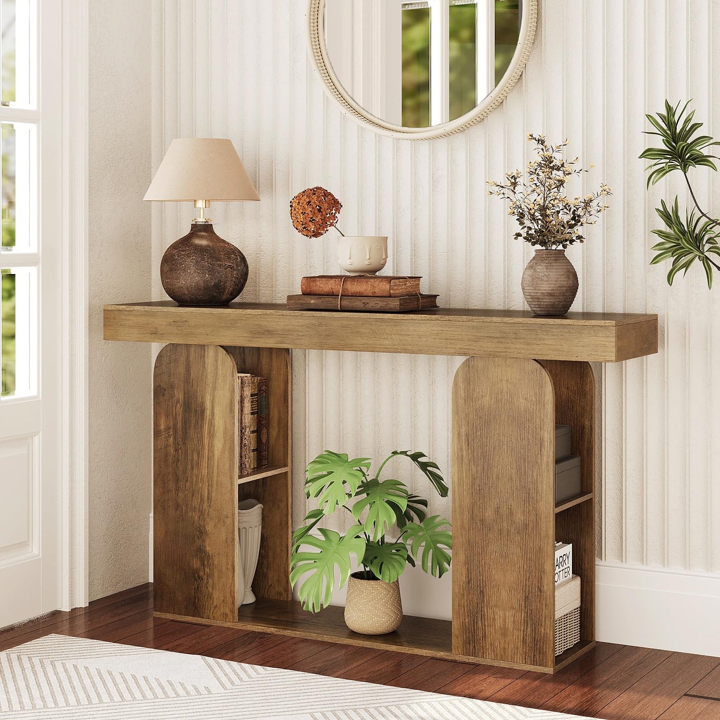 Tohomeor 54 Inch Long Console Table, Farmhouse Entryway Table Wood Narrow Sofa Table Behind Couch, Hallway Accent Table Furniture for Living Room, Foyer, Retro Brown